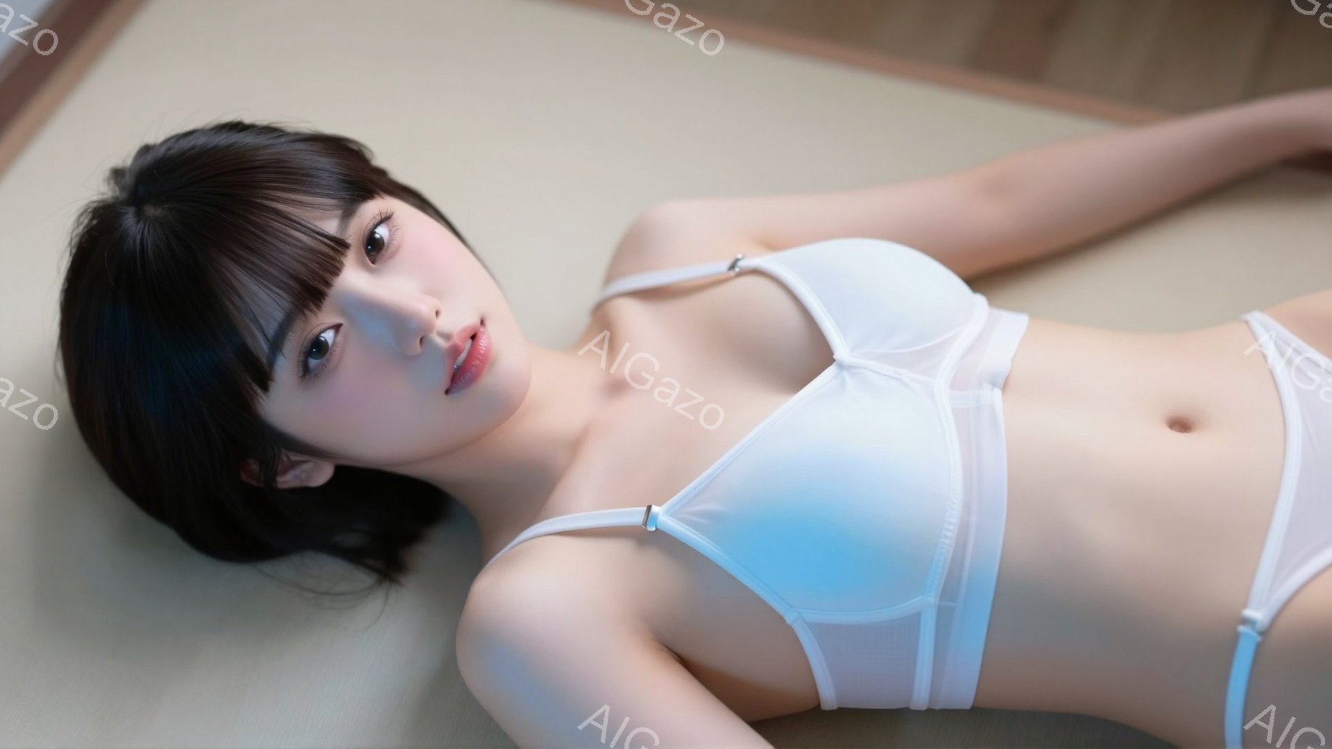 黒髪の女性が畳の上に横たわっており、白いブラとショーツを身につけています。彼女はカメラに向かって微笑んでおり、リラックスした表情をしています。背景はシンプルな畳の部屋で、柔らかく温かい雰囲気が漂ってい - AI生成フリー素材