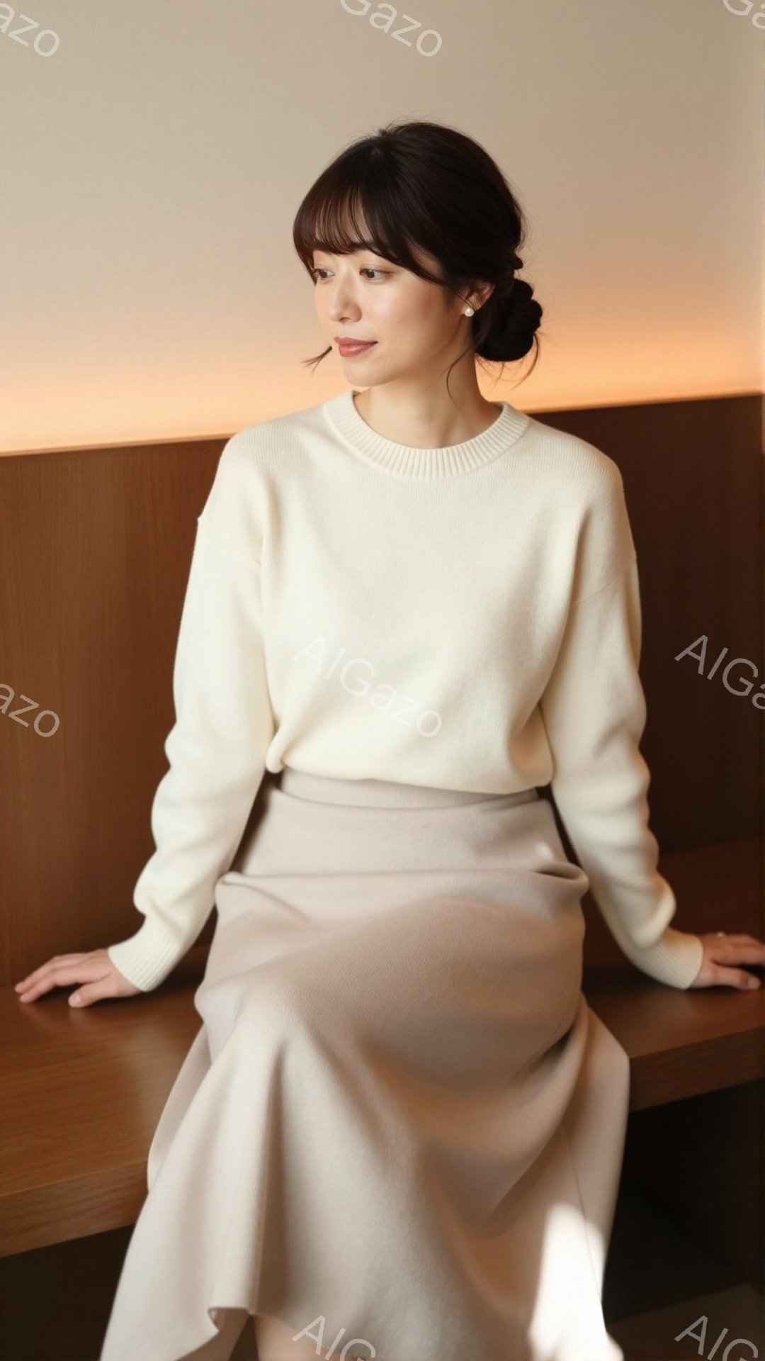 画像には、明るいベージュのニットセーターと、同じくベージュのフレアスカートを身につけた女性が写っています。彼女は髪を後ろでまとめ、穏やかな表情で座っており、優雅で落ち着いた雰囲気を醸し出しています。背 - AI生成フリー素材