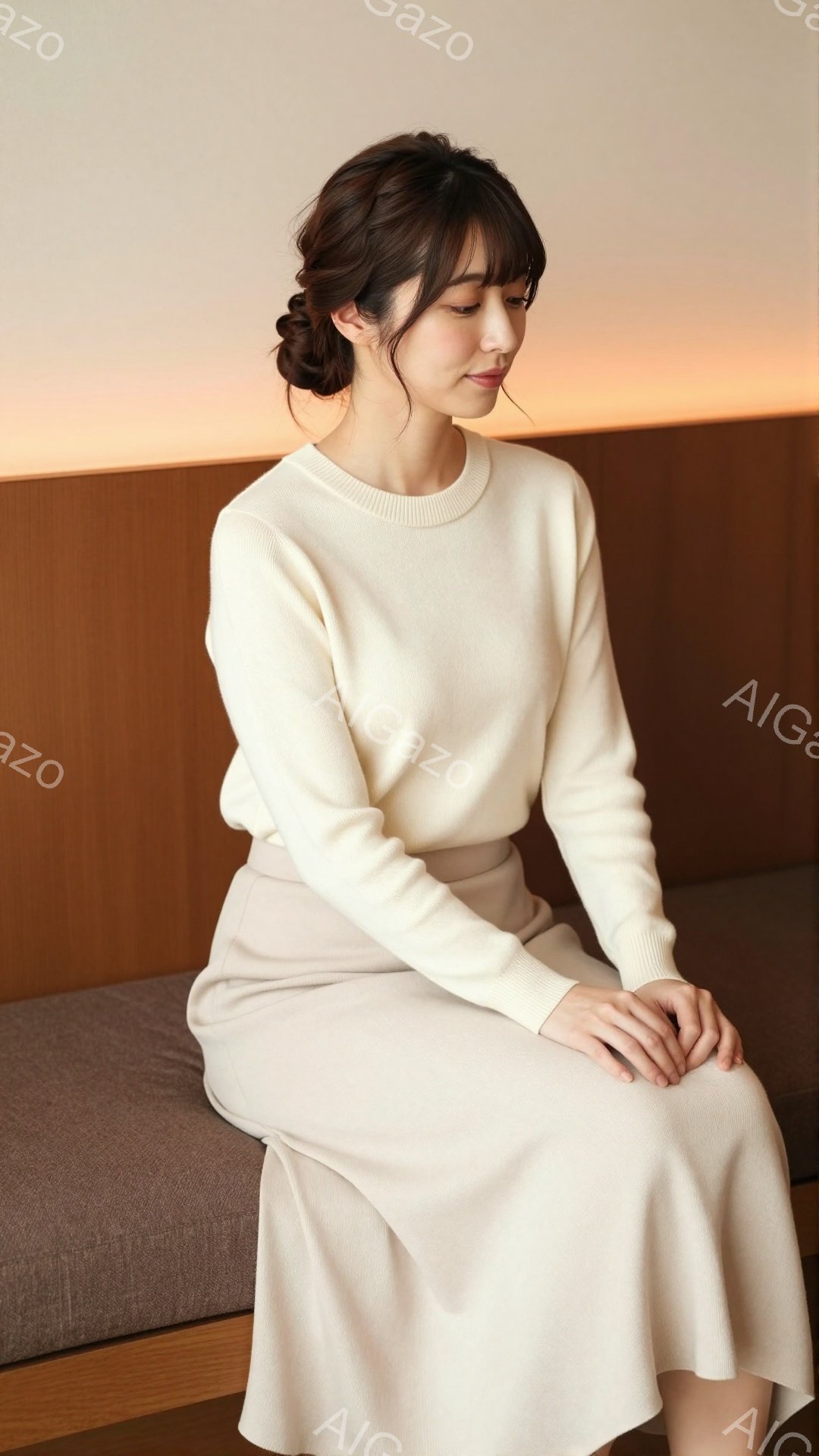 明るいクリーム色のニットセーターとスカートを身に着けた女性が、落ち着いた表情で座っています。彼女は髪を後ろでまとめ、リラックスした姿勢で両手を膝の上に重ねています。背景には、暖色系の木製のパネルがあり - AI生成フリー素材