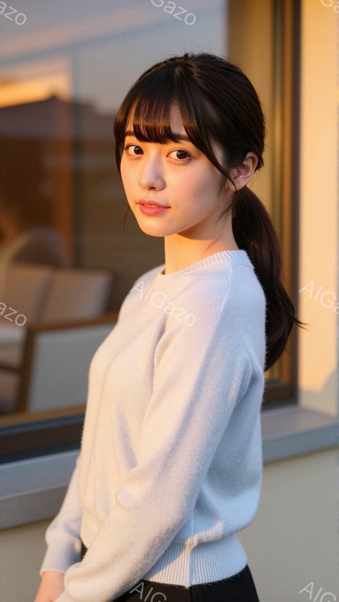 長い黒髪をハーフアップにし、白いセーターと黒いボトムスを着た女性が写っています。彼女は少し微笑んでおり、リラックスした雰囲気です。背景には窓があり、光が差し込んでおり、全体的に柔らかく温かい印象を与え - AI生成フリー素材