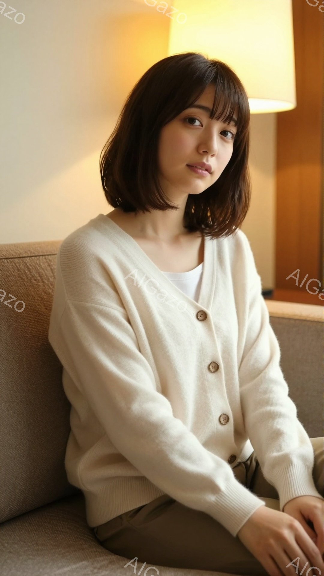 明るい茶髪のショートボブヘアの女性が、ベージュのカーディガンとパンツを身につけてソファに座っています。彼女は穏やかな表情でカメラを見つめ、リラックスした姿勢を見せています。背景にはぼんやりと明るい色の - AI生成フリー素材