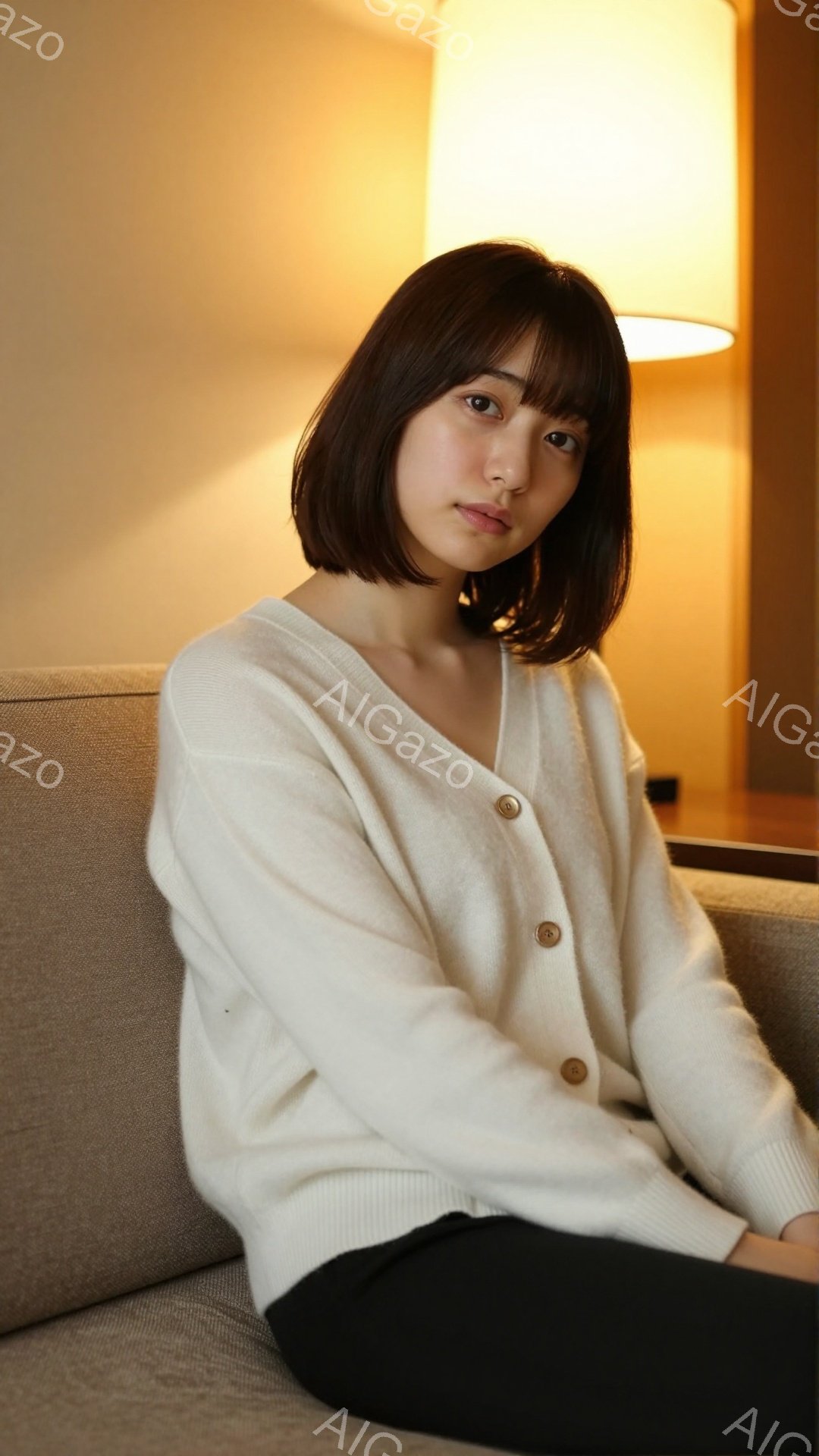 画像には、ベージュのソファに座る若い女性が写っています。オフホワイトのカーディガンに黒いパンツを着用し、前髪を活かしたショートボブヘアで、穏やかな表情を浮かべています。背景は暖色系の照明に照らされた部 - AI生成フリー素材