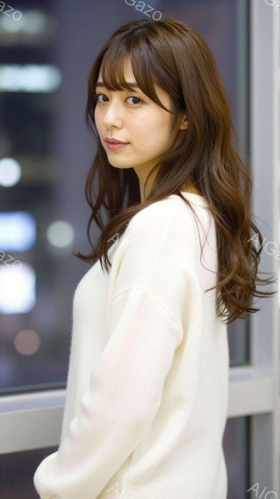 画像は、肩までの長さの茶色の髪で、前髪が目にかかる女性が写っています。彼女は白いセーターを着ており、少し微笑んでおり、カメラの方を振り返っています。背景はぼやけていますが、窓と何らかの構造物が見え、全 - AI生成フリー素材