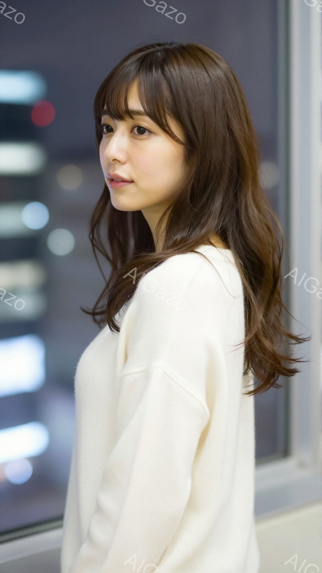 明るい茶色の長い髪をした若い女性が写っている。白いセーターを着て、少し微笑んだ表情で、窓の外を見ている。背景にはぼやけた都市の光がわずかに見え、全体的に柔らかく温かい雰囲気である。 - AI生成フリー素材