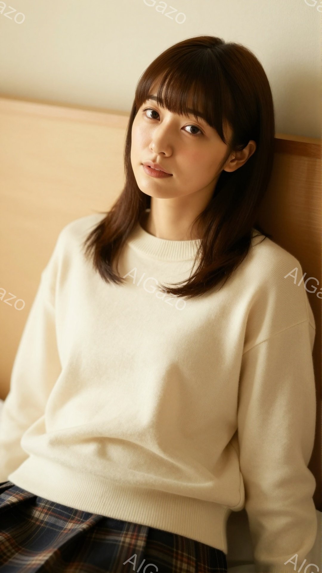 この女性はオフホワイトのセーターとチェック柄のスカートを着用し、穏やかな表情でこちらを見ている。彼女は肩を少し落としたリラックスした姿勢で座っており、背景は淡いベージュ色の壁である。 全体的に、柔らか - AI生成フリー素材