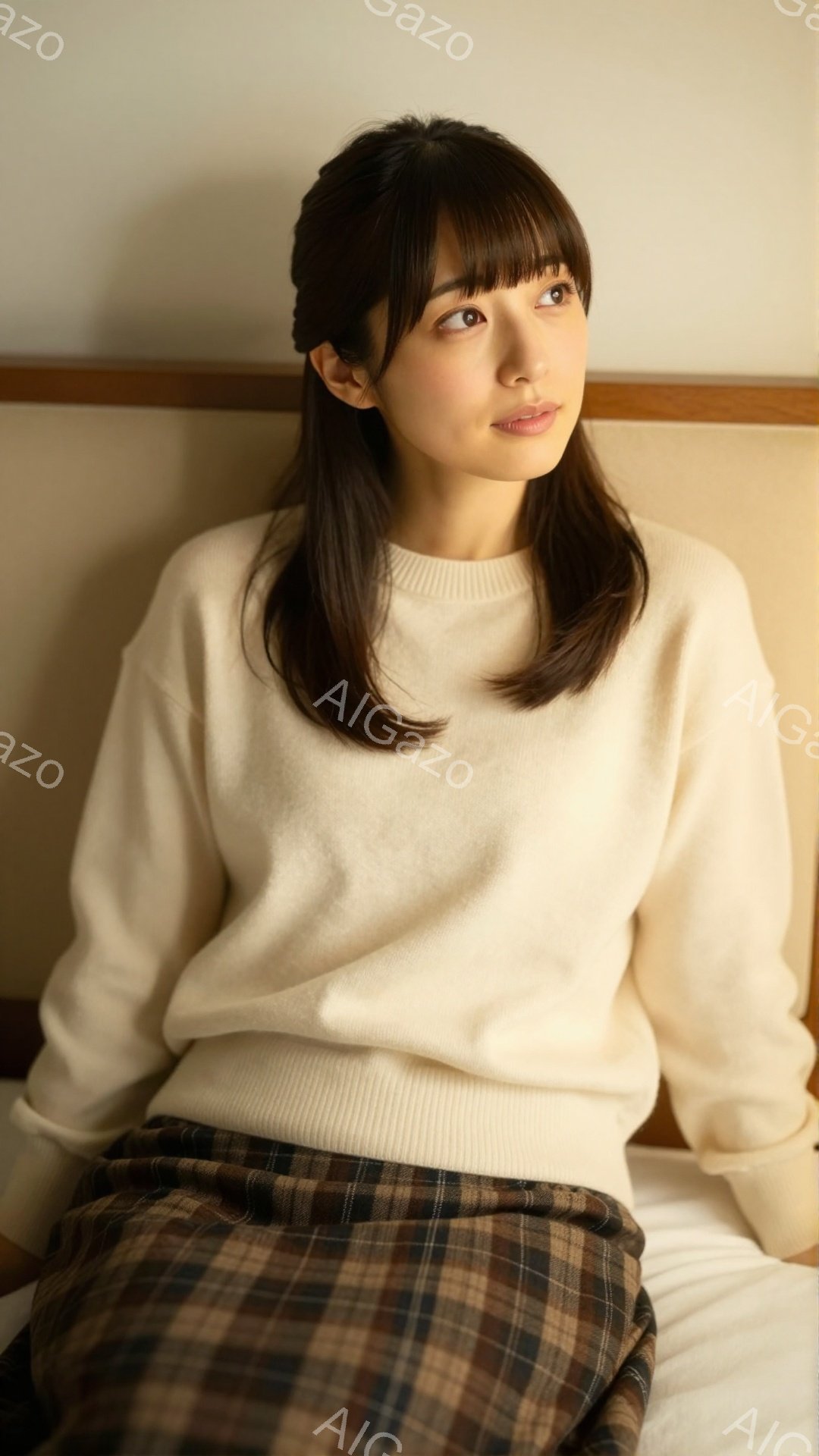 画像は、明るいクリーム色のセーターとチェック柄のスカートを身につけた若い女性が写っています。彼女は、少し微笑みながら、わずかに上目線でこちらを見つめており、髪は肩にかかる長さで、前髪が少しカールしてい - AI生成フリー素材