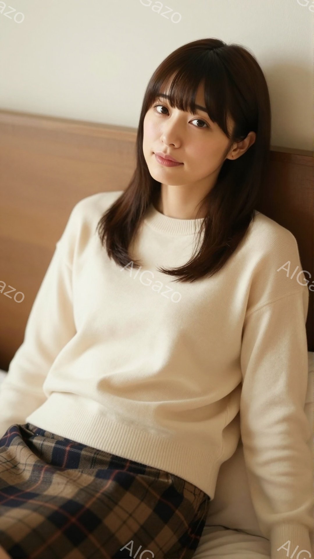 彼女はベージュのセーターとチェック柄のスカートを身に着けており、穏やかな笑顔を浮かべている。彼女はリラックスした姿勢で座っており、背景はぼやけているが、おそらく室内であることがわかる。全体的に、暖かく - AI生成フリー素材