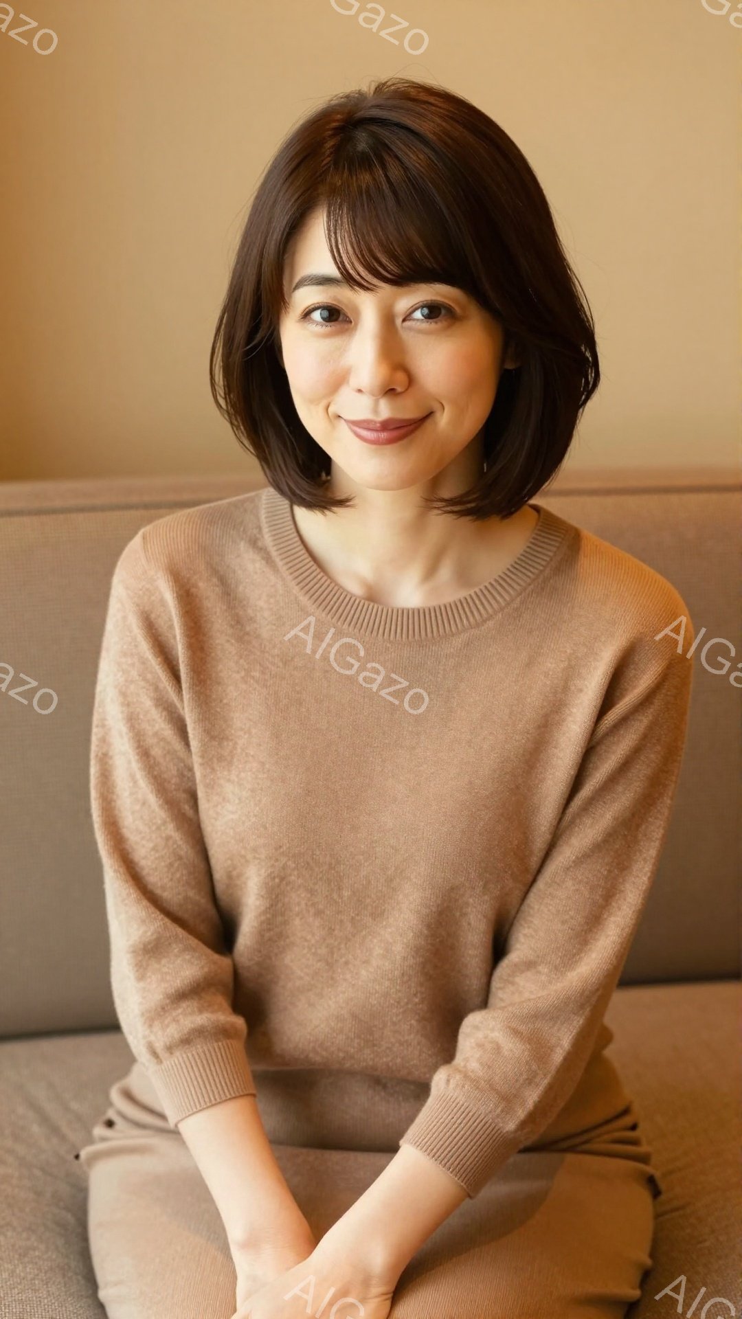 画像は、明るい茶色のセーターとスカートを着た若い女性を捉えています。彼女は穏やかな笑顔を浮かべ、リラックスした姿勢で座っています。背景は薄いグレーのソファで、全体的に温かく穏やかな雰囲気が漂っています - AI生成フリー素材