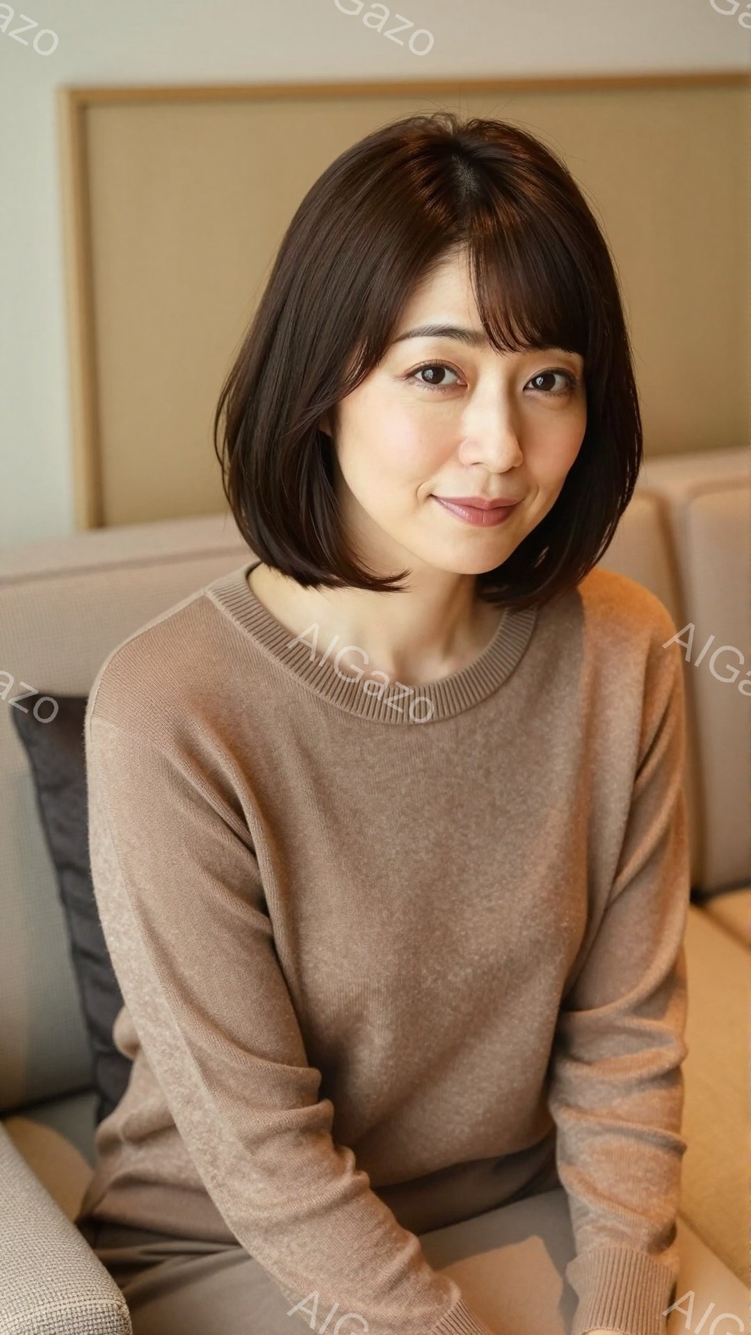 明るい茶色のセーターを着た女性が写っています。彼女は肩までの長さのストレートヘアで、穏やかな微笑みを浮かべています。背景にはベージュ色のソファと、ぼやけた壁が見え、全体的に柔らかく、落ち着いた雰囲気で - AI生成フリー素材