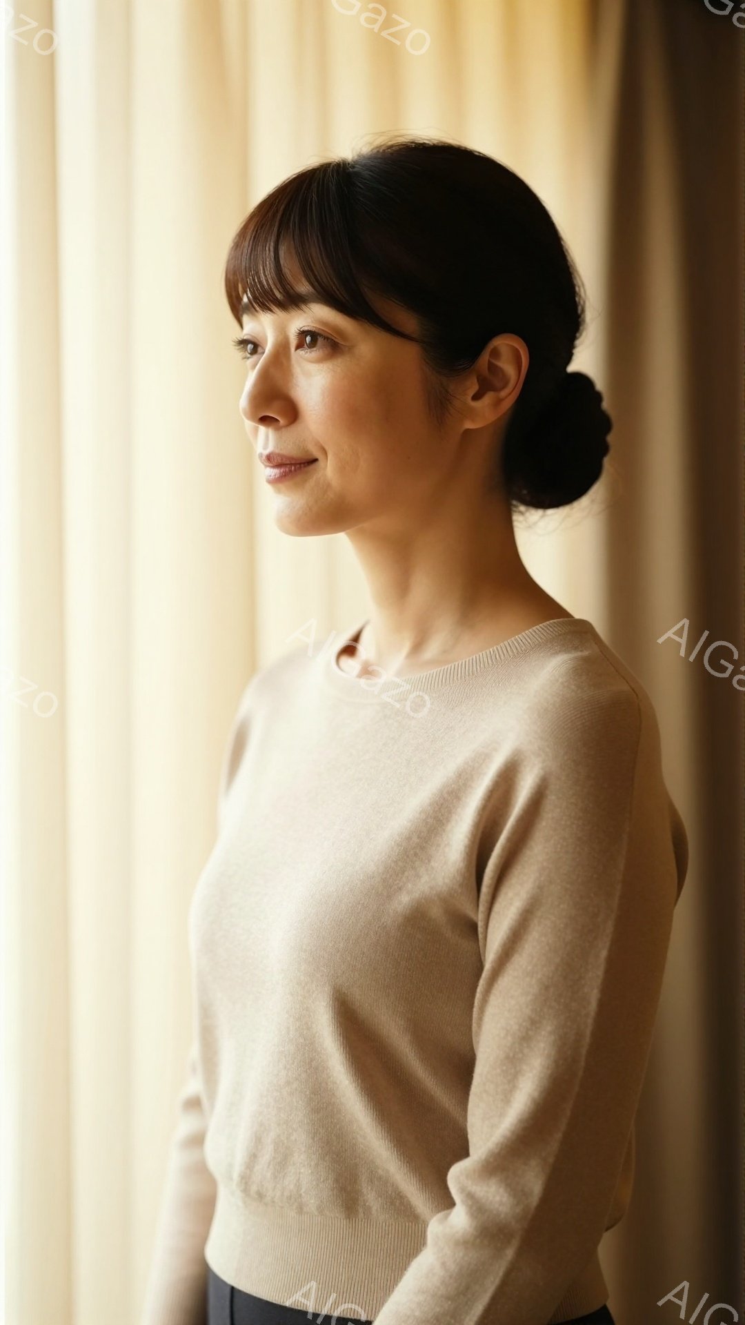 画像は、横顔の女性が写っており、ベージュの長袖セーターと濃い色のボトムスを着用しています。髪は後ろでまとめられ、穏やかな表情で少し先を見つめています。背景はぼやけたベージュのカーテンで、柔らかく落ち着 - AI生成フリー素材