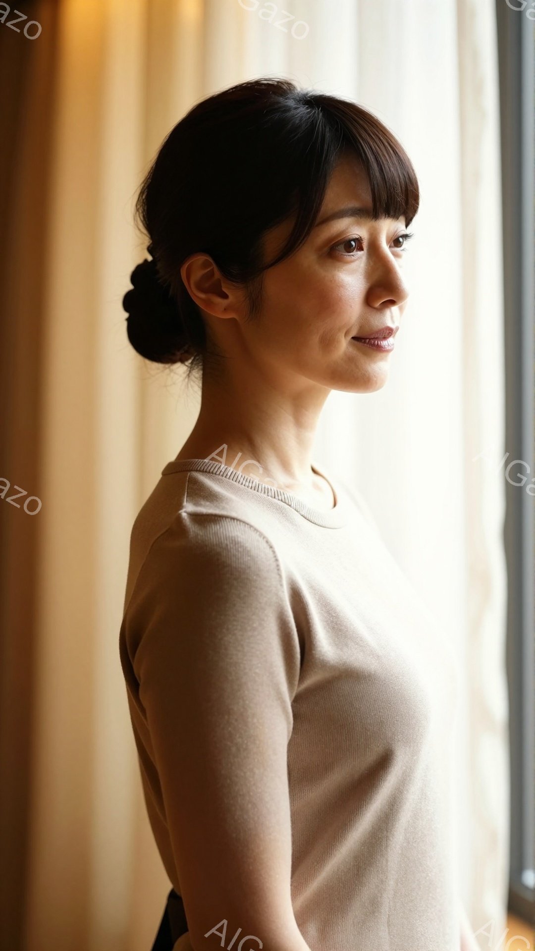 画像には、茶色のニットセーターを着た女性が写っています。彼女は髪を後ろでまとめ、穏やかな微笑みを浮かべています。背景には窓があり、柔らかい光が差し込んで、落ち着いた雰囲気を作り出しています。 - AI生成フリー素材