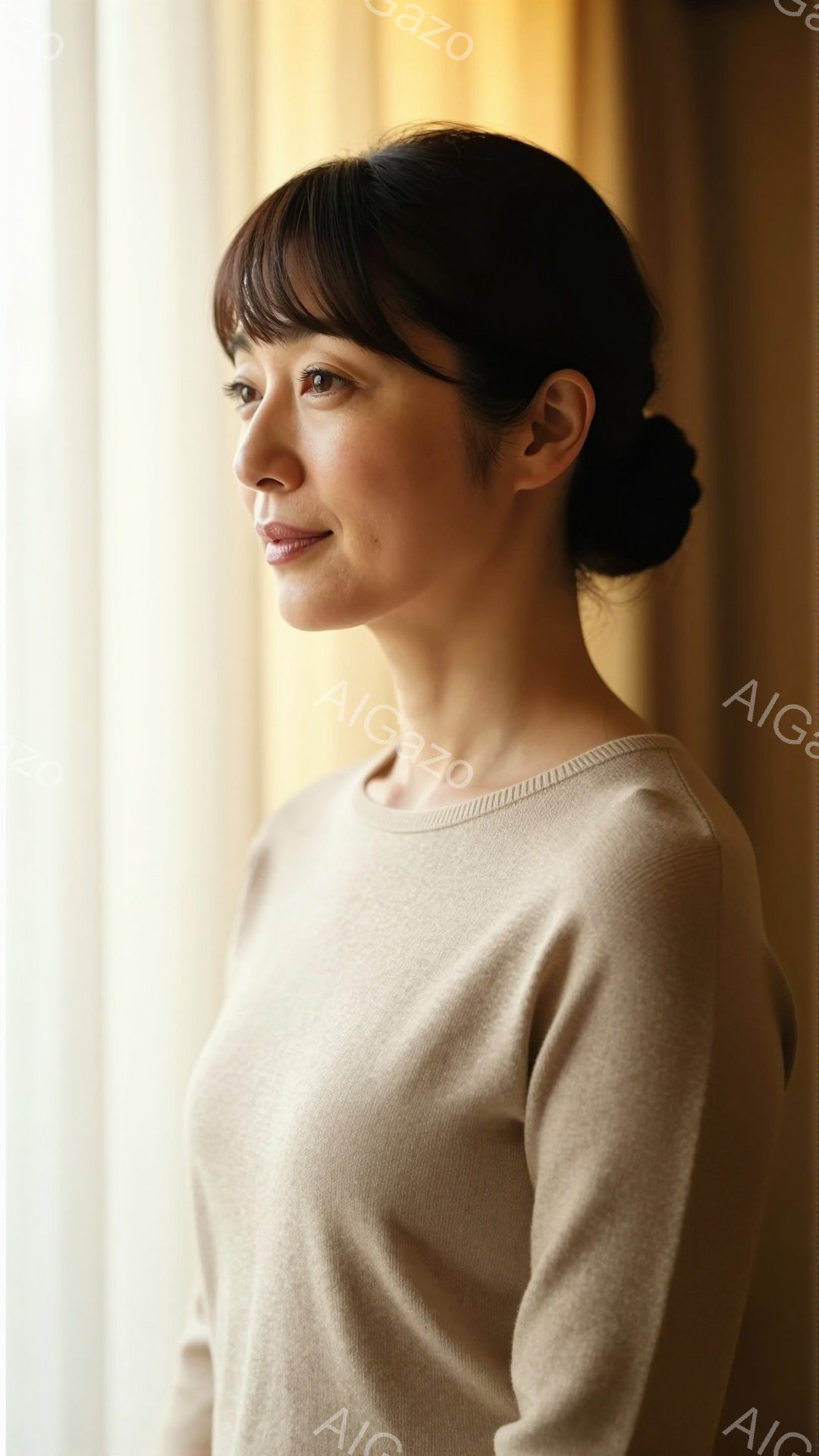 画像には、ベージュ色のセーターを着た女性が写っています。彼女は髪を後ろでまとめ、穏やかな微笑みを浮かべて横を向いています。背景にはぼやけた光が差し込み、全体的に柔らかく、落ち着いた雰囲気が漂っています。
