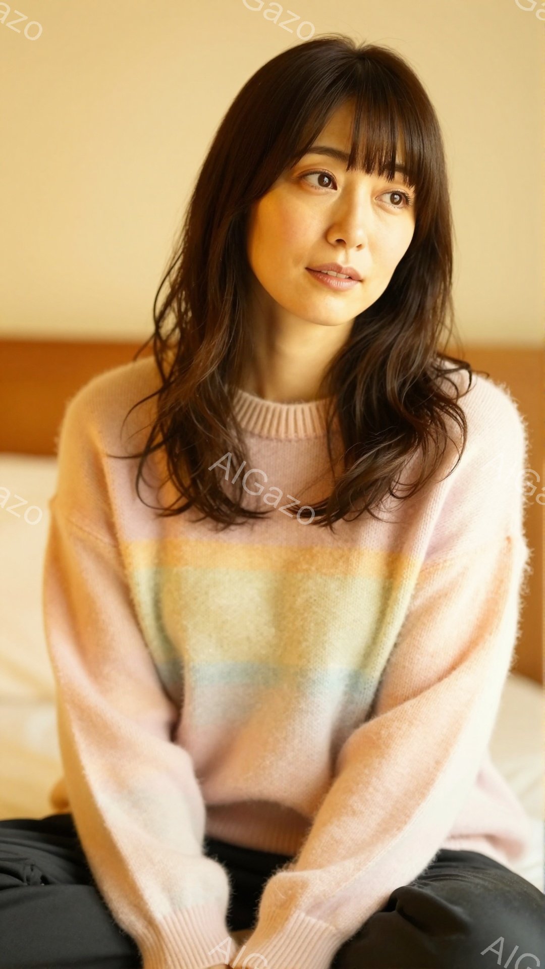 長いダークブラウンの髪は軽くカールし、前髪は眉毛にかかるようにカットされている女性が写っている。ピンク、オレンジ、水色のストライプのニットセーターを着ており、リラックスした表情で座っている。背景は白く - AI生成フリー素材