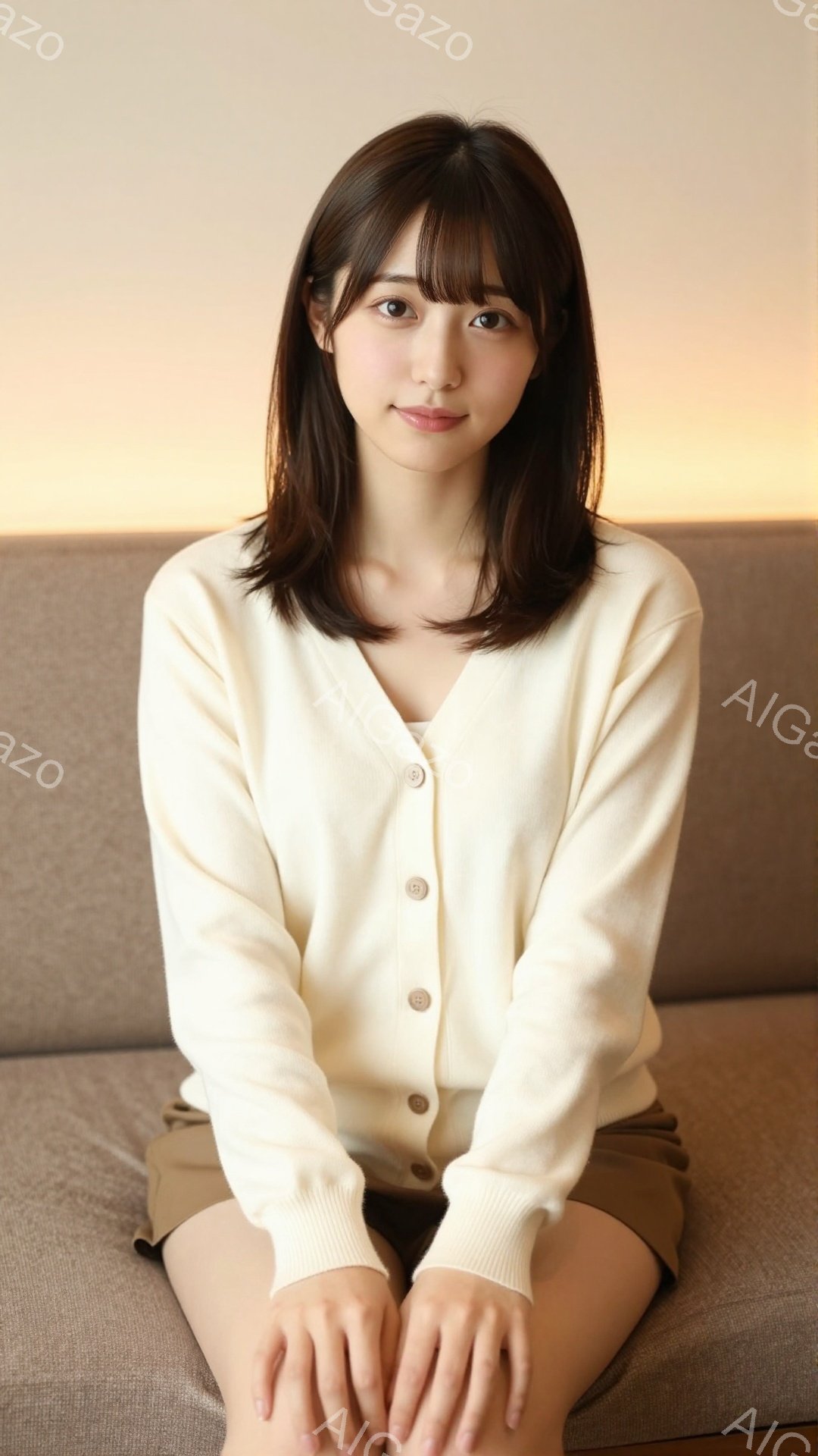 明るいクリーム色のカーディガンを着た若い女性が、膝を揃えてソファに座っています。彼女は肩までの長さのダークブラウンの髪を持ち、穏やかな笑顔を浮かべています。背景はぼかした暖色系のソファで、全体的に柔ら - AI生成フリー素材