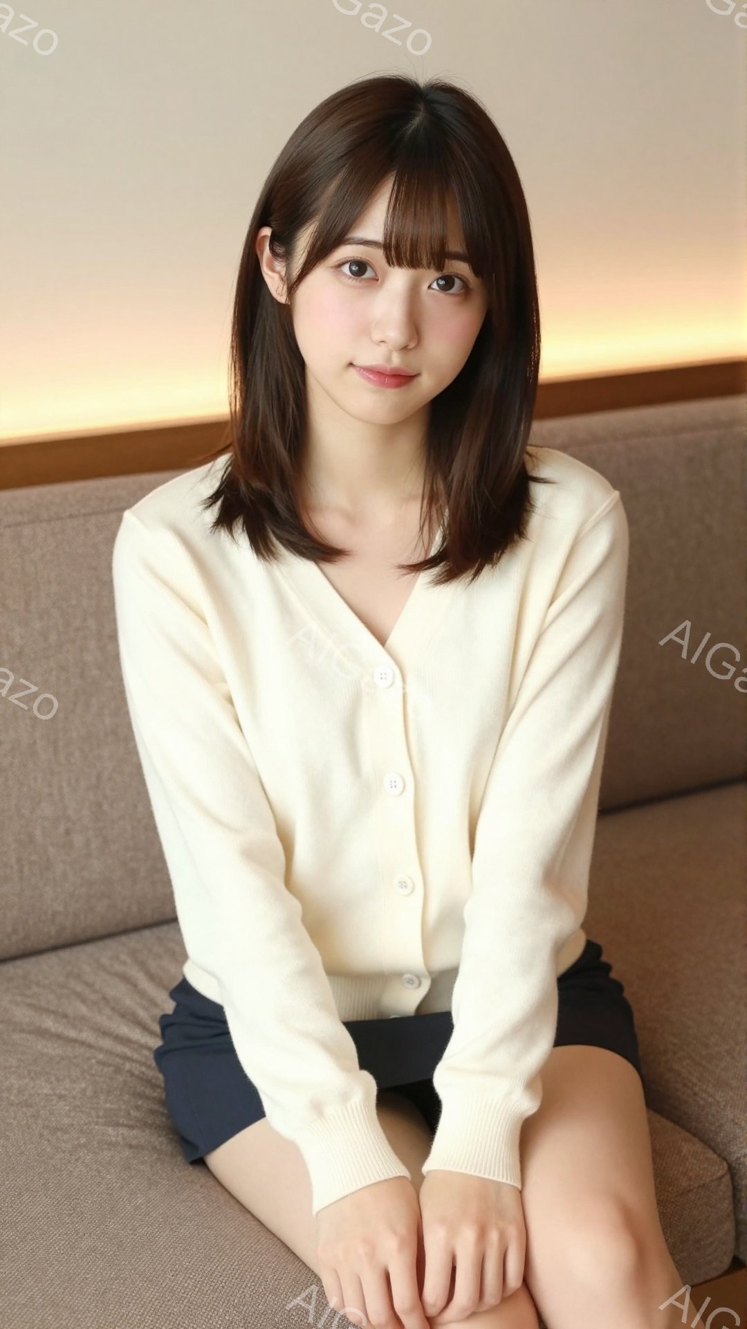 この女性は、オフホワイトのカーディガンと濃い紺色のスカートを着用しており、膝を組んでソファに座っています。彼女は黒髪のショートボブで、穏やかな笑顔を見せており、リラックスした雰囲気を醸し出しています。 - AI生成フリー素材