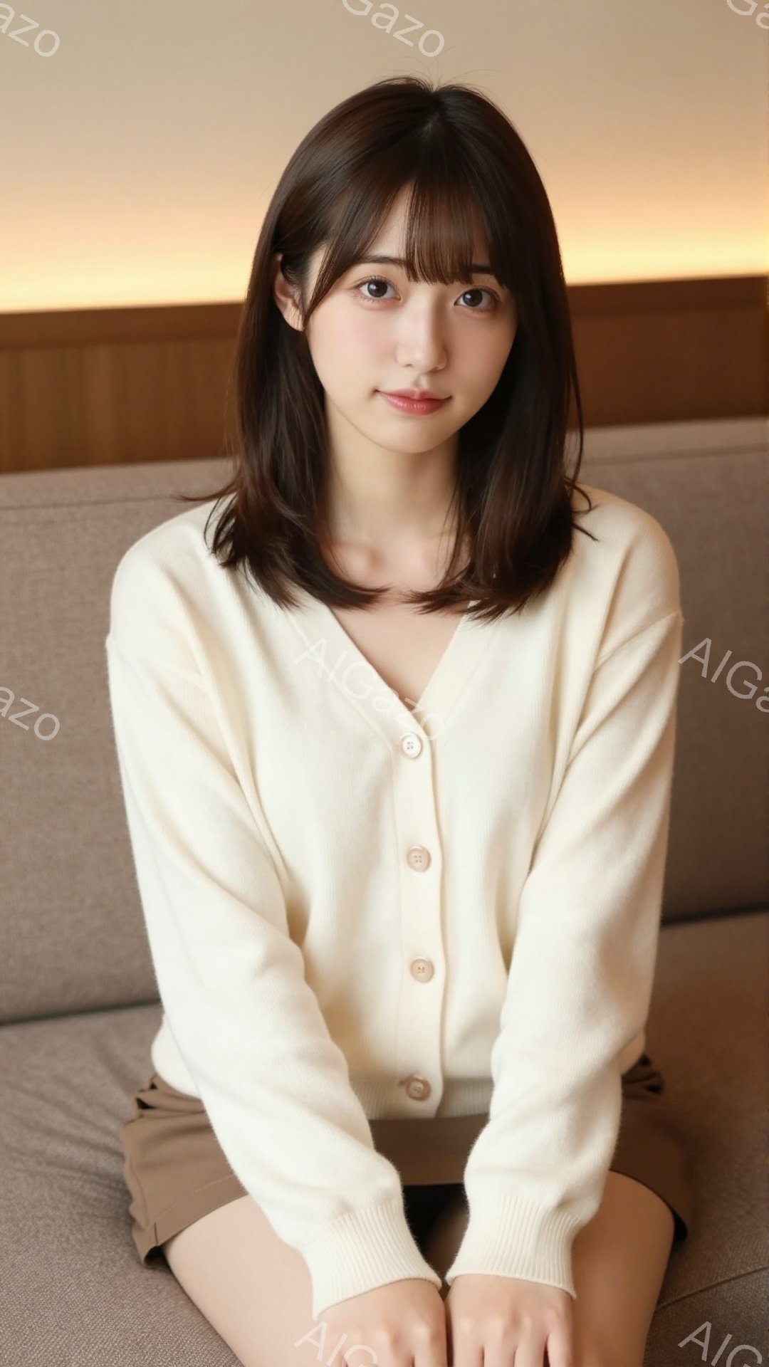 明るい茶髪の女性が、オフホワイトのカーディガンとベージュのスカートを着用し、床に座っています。彼女は穏やかな笑顔でカメラを見つめ、リラックスした表情をしています。背景はシンプルなグレーのソファで、全体 - AI生成フリー素材