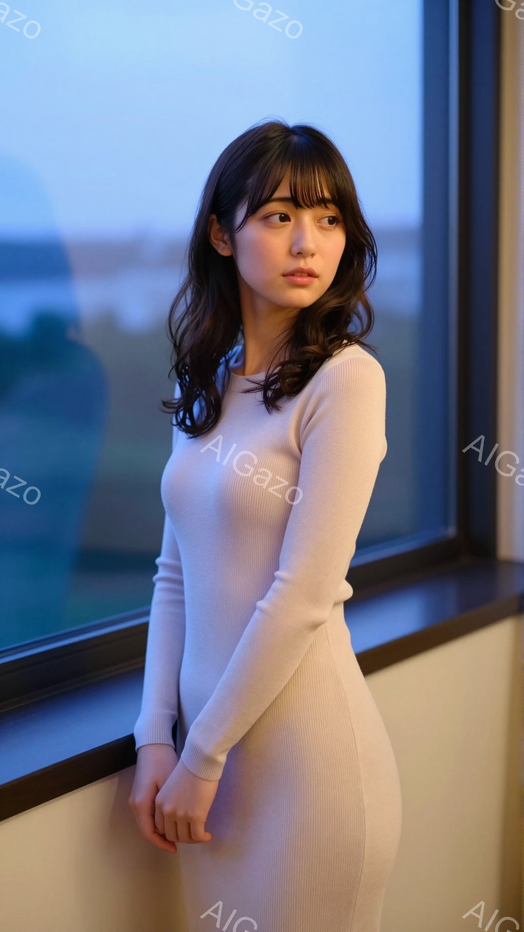 長い髪を軽くカールさせた女性が、クリーム色のリブニットの長袖ワンピースを着ています。彼女は窓際に立ち、少し内側を見た憂いのある表情をしています。背景にはぼやけた都市の風景が広がり、夕暮れ時の穏やかな光 - AI生成フリー素材
