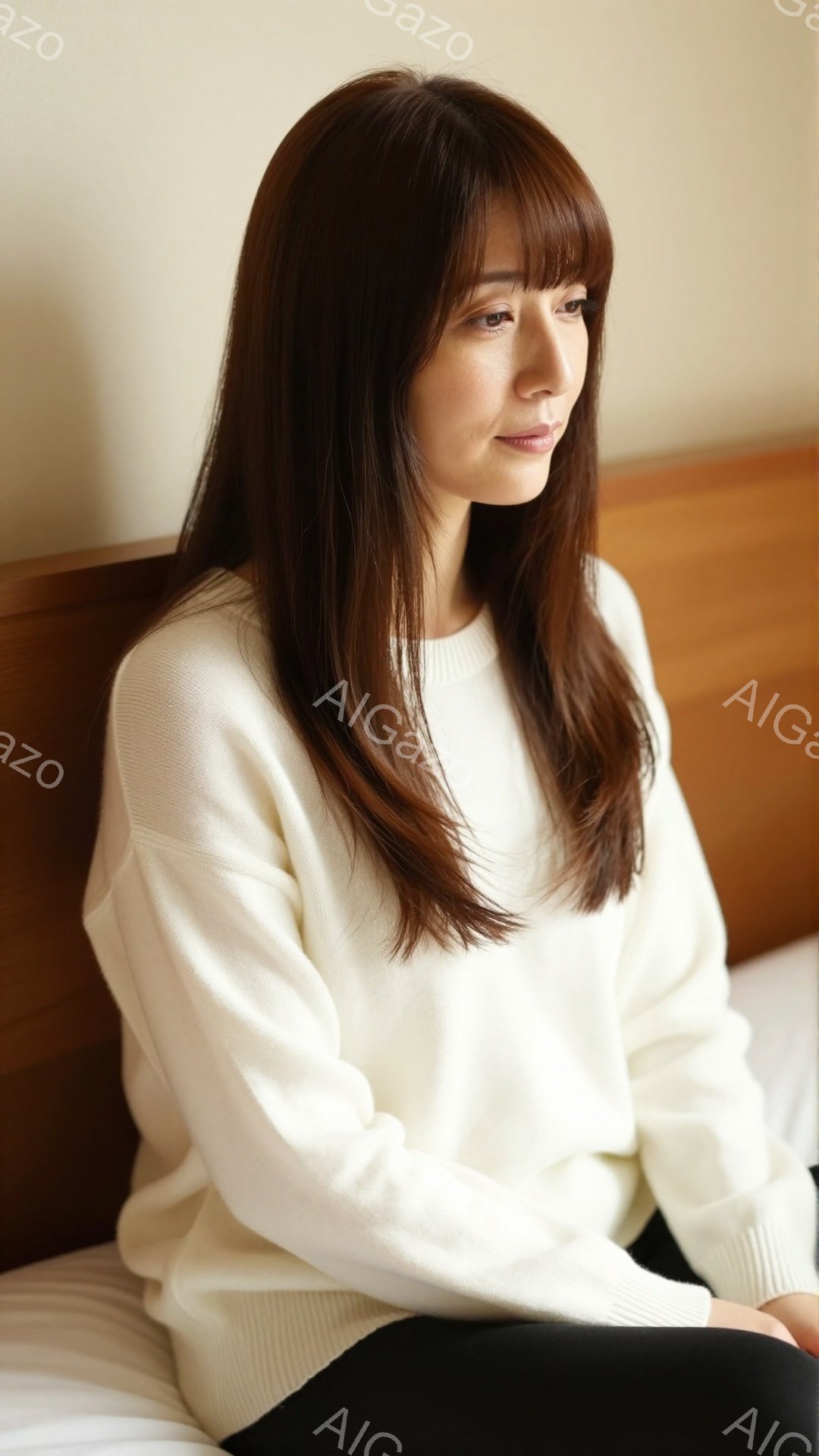 画像には、黒髪で前髪のある女性が白いセーターと黒いズボンを着用して座っています。彼女は右を向き、少し物憂げな表情をしています。背景には、木製のヘッドボードと白いシーツが見え、室内でリラックスした雰囲気です。