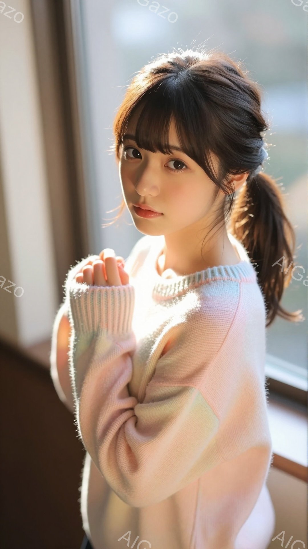 明るい色のパステルピンクのセーターを着た若い女性が写っています。彼女は髪をハーフアップにし、優しげな微笑みを浮かべています。背景はぼやけていますが、窓から差し込む光が彼女を照らし、温かく柔らかい雰囲気を醸し出しています。