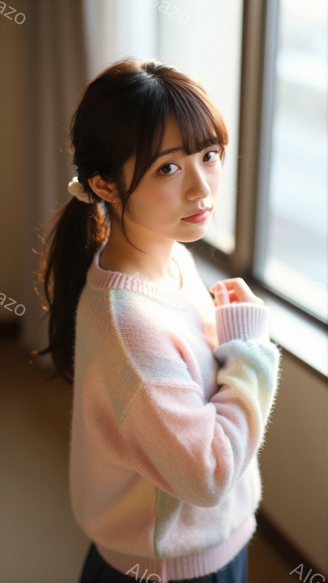 長い茶色の髪をハーフアップにし、頬にはうっすらと赤みが差しています。パステルカラーのセーターを着ており、少し微笑んでカメラを見ています。背景には窓があり、柔らかい自然光が差し込んで、全体的に優しい雰囲気です。
