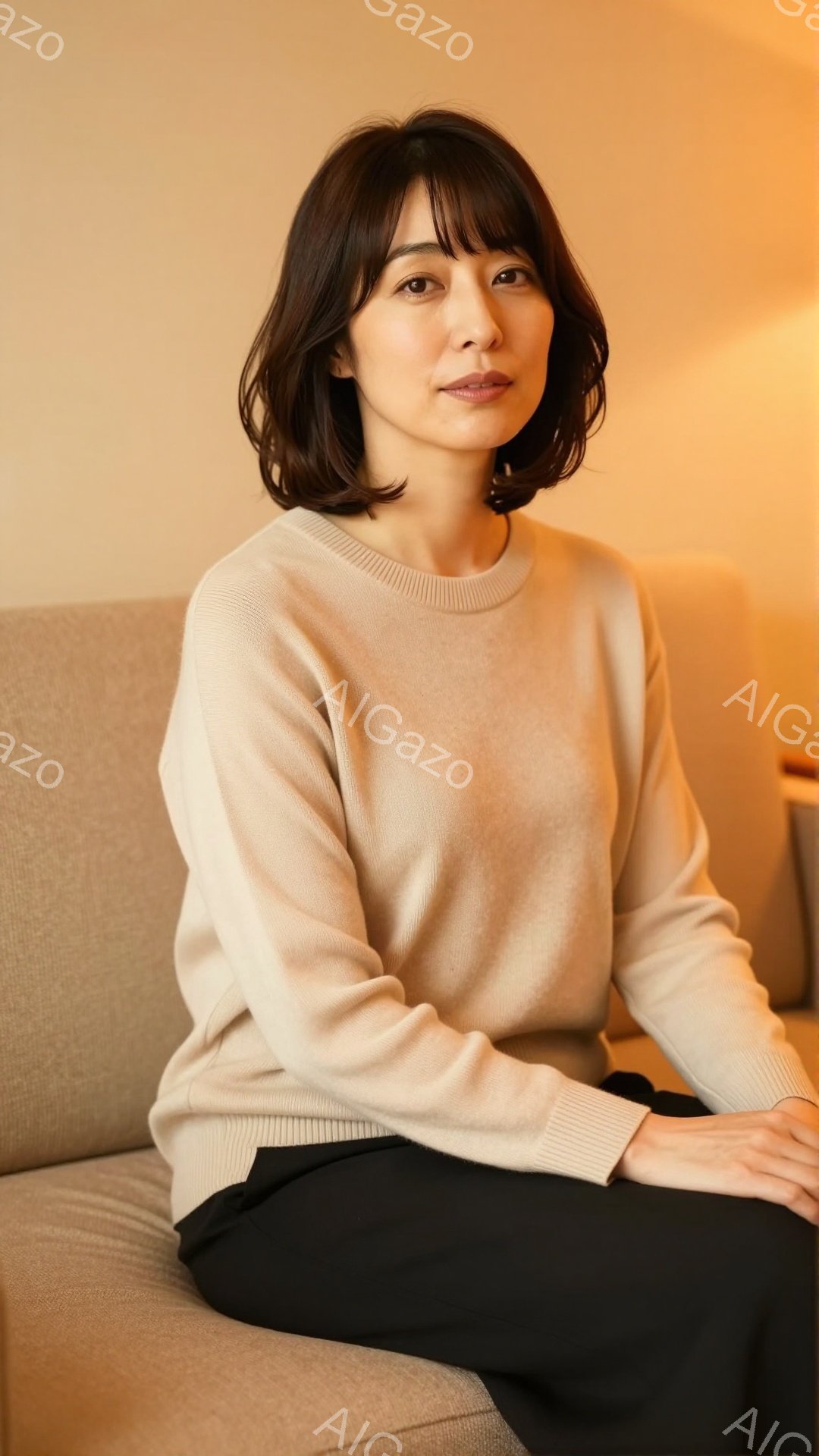 この女性はベージュ色のセーターと黒いズボンを身につけて、明るい茶色のソファに座っています。彼女は肩までの長さのダークブラウンの髪で、穏やかな微笑みを浮かべています。背景はシンプルなベージュ色の壁で、全 - AI生成フリー素材