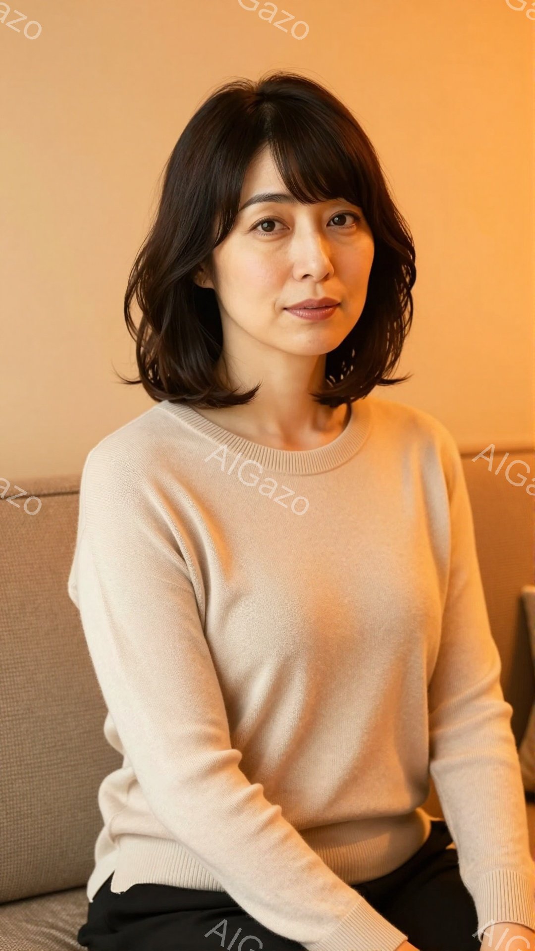 画像は、ベージュ色のセーターを着た女性を捉えています。彼女は黒いパンツを履き、少し微笑んだ表情でカメラを見ています。背景はぼやけた茶色のソファで、全体的に穏やかでリラックスした雰囲気が漂っています。 - AI生成フリー素材