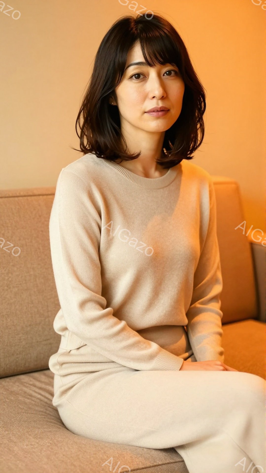 ベージュ色のセットアップを着た女性が、ベージュのソファに座っています。彼女はダークブラウンのショートボブヘアで、穏やかな微笑みを浮かべています。背景はぼやけていますが、温かみのある室内であることがわか - AI生成フリー素材