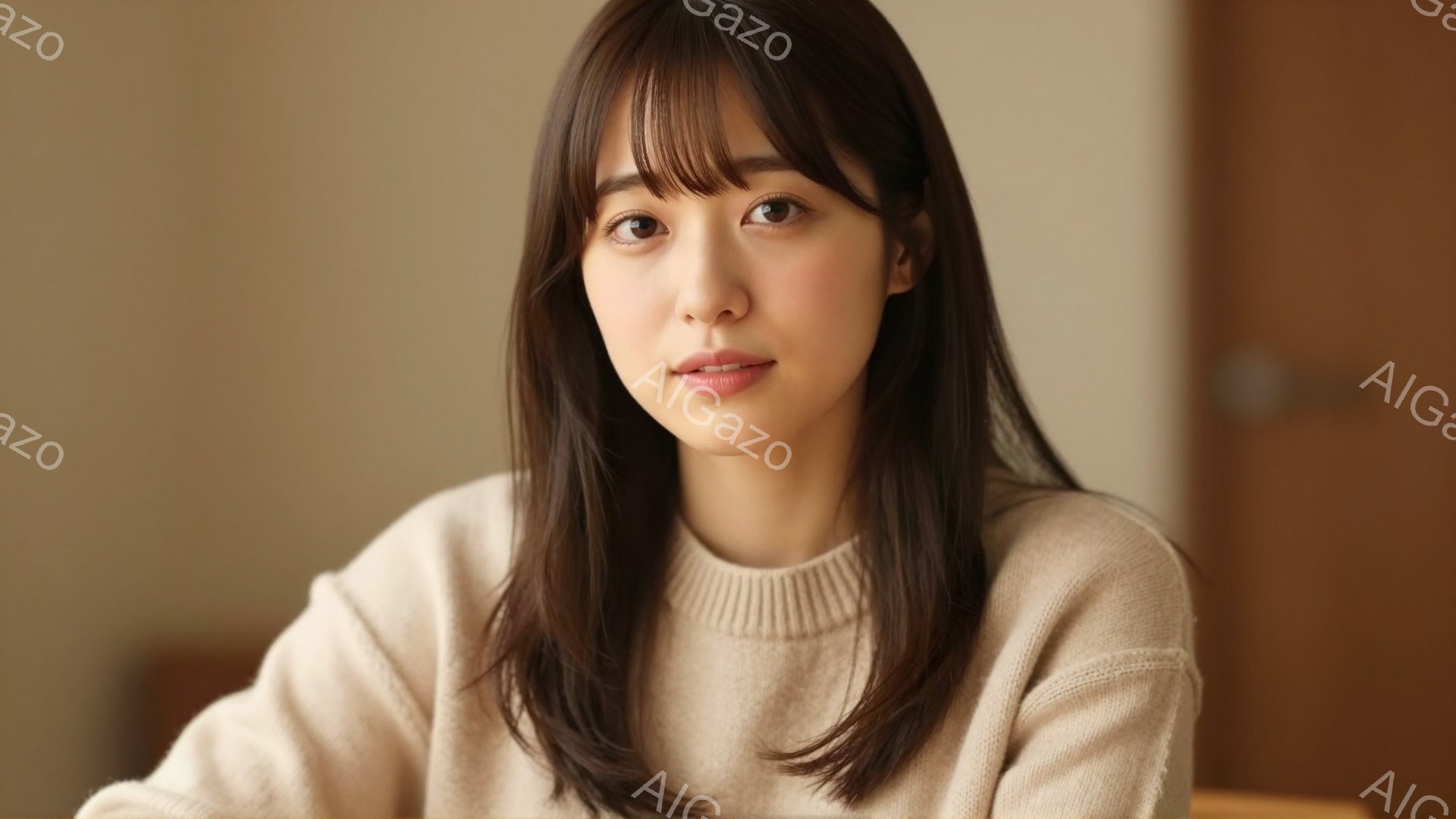 長い茶色の髪をセンターパートにした若い女性が写っている。ベージュ色のセーターを着て、穏やかで控えめな表情をしている。背景はぼやけており、室内であることがわかるが、暖色系の壁とドアから落ち着いた雰囲気が - AI生成フリー素材