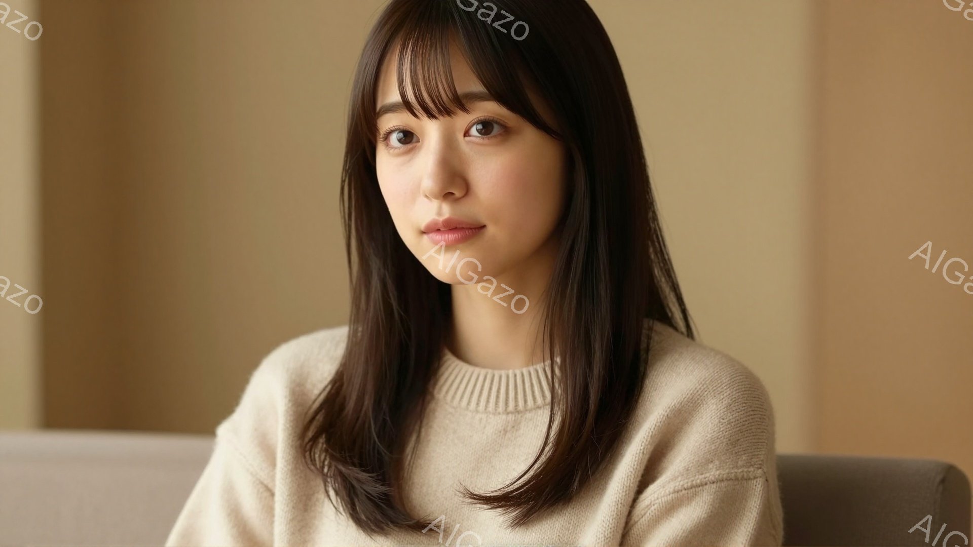 長いダークブラウンの髪は肩にかかる長さで、前髪は眉毛にかかるようにカットされている。ベージュ色のセーターを着ており、表情は穏やかで、わずかに微笑んでいるように見える。背景は淡いベージュ色で、室内である - AI生成フリー素材