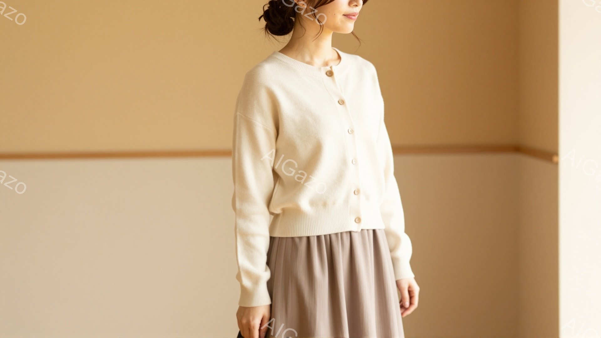 モデルはクリーム色のカーディガンと、ニュアンスのあるブラウンのフレアスカートを身に着けています。髪は後ろでまとめられ、表情は穏やかで、リラックスした雰囲気を醸し出しています。背景はベージュと白のシンプルな壁で、全体的に柔らかく落ち着いたトーンです。