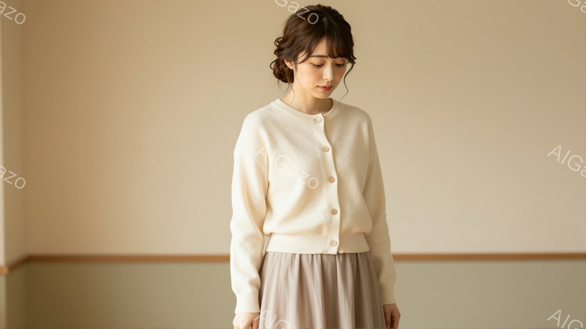 長いダークブラウンの髪をハーフアップにした女性が、クリーム色のカーディガンと、光沢のあるベージュのプリーツスカートを身につけて立っています。彼女はわずかに目を伏せており、穏やかで内省的な表情をしていま - AI生成フリー素材