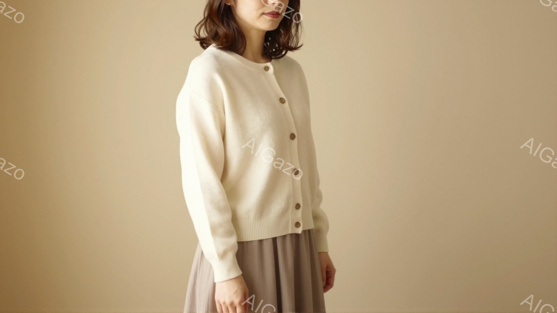 画像は、クリーム色のカーディガンを着た女性を捉えています。彼女は柔らかな波状の髪を持ち、表情は穏やかで控えめです。背景は淡いベージュ色で、女性が引き立つようにシンプルに保たれています。 - AI生成フリー素材