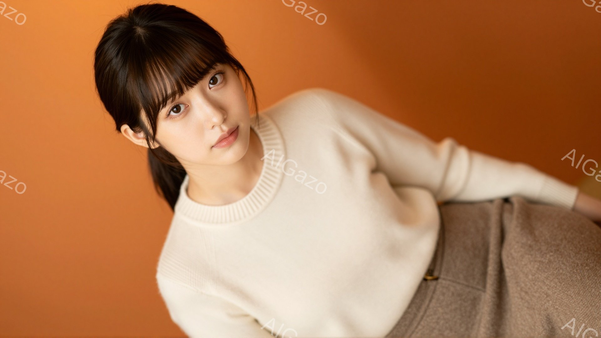 画像は、クリーム色のタートルネックセーターと、グレーがかった茶色のスカートを着た若い女性を捉えています。彼女は少し横を向き、カメラに向かって微笑んでおり、その表情は穏やかで親しみやすいです。背景は鮮や - AI生成フリー素材