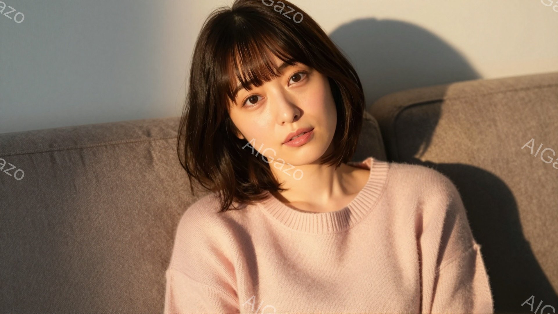 ショートヘアの女性が、薄いピンク色のセーターを着て、ソファに座っています。彼女は少し微笑んでおり、穏やかで優しい表情をしています。背景はぼやけていますが、明るい室内であることがわかります。 - AI生成フリー素材