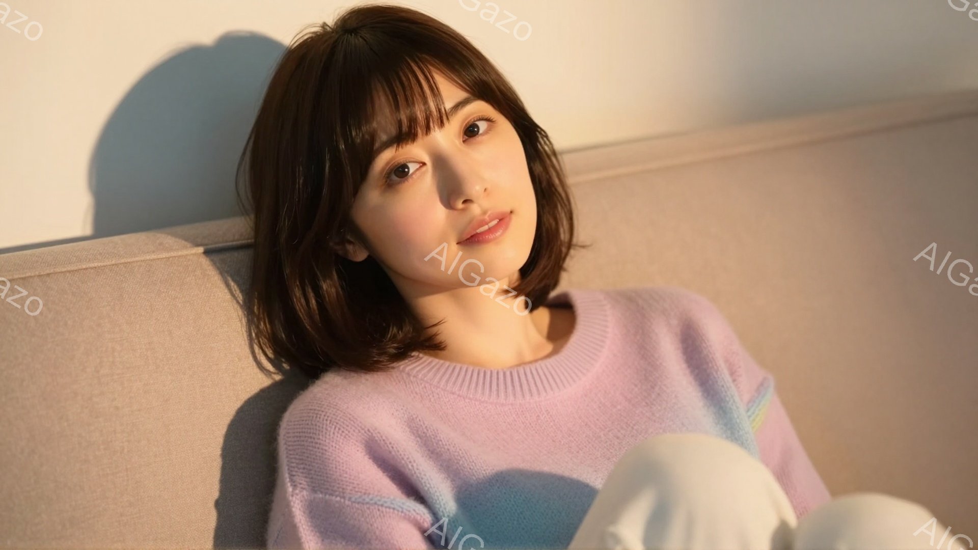 若い女性がピンクと水色のブロックで構成されたセーターを着て、穏やかな笑顔を浮かべています。彼女は茶色のボブヘアで、少し横に首を傾けてリラックスした姿勢を見せています。背景はぼやけた明るいベージュ色で、 - AI生成フリー素材