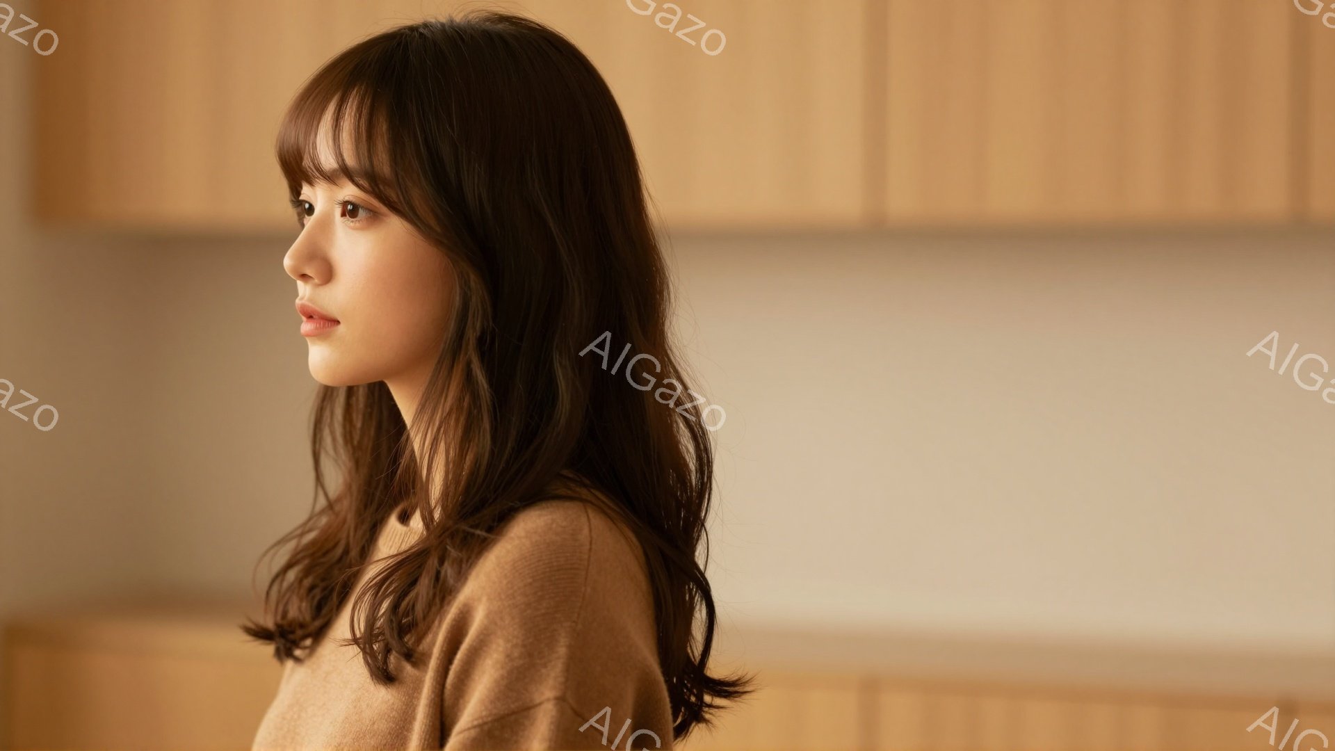 明るい茶色の髪を肩まで伸ばした若い女性が、横顔でこちらを見ている。ベージュ色のセーターを着ており、表情は穏やかで、どこか物憂げな様子が伺える。背景は木目調の壁で、室内であることがわかるが、焦点が女性に合っているため、詳細はぼやけている。