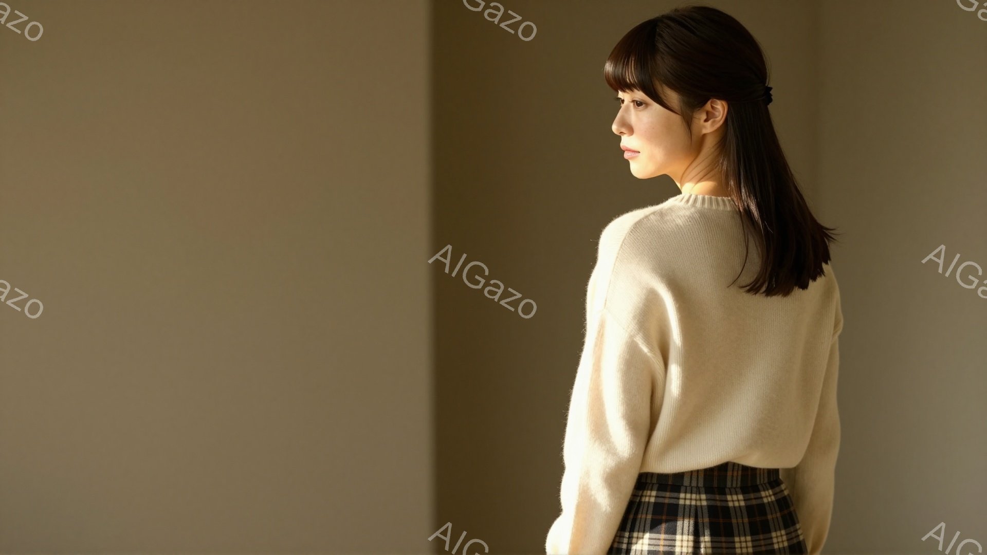 この女性はクリーム色のセーターとチェック柄のスカートを身に着けています。髪は後ろでまとめられ、顔は横を向いており、何かを思案しているような表情をしています。背景は明るいベージュ色の壁で、光が壁に陰影を作り、静かで内省的な雰囲気を醸し出しています。