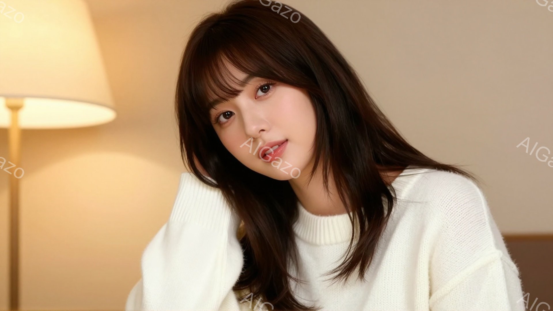 長いダークブラウンの髪が肩にかかる女性が写っている。オフホワイトのセーターを着て、わずかに微笑んでおり、優しい印象を与えている。背景はぼやけており、暖色系の光が彼女を照らしているため、温かく穏やかな雰 - AI生成フリー素材