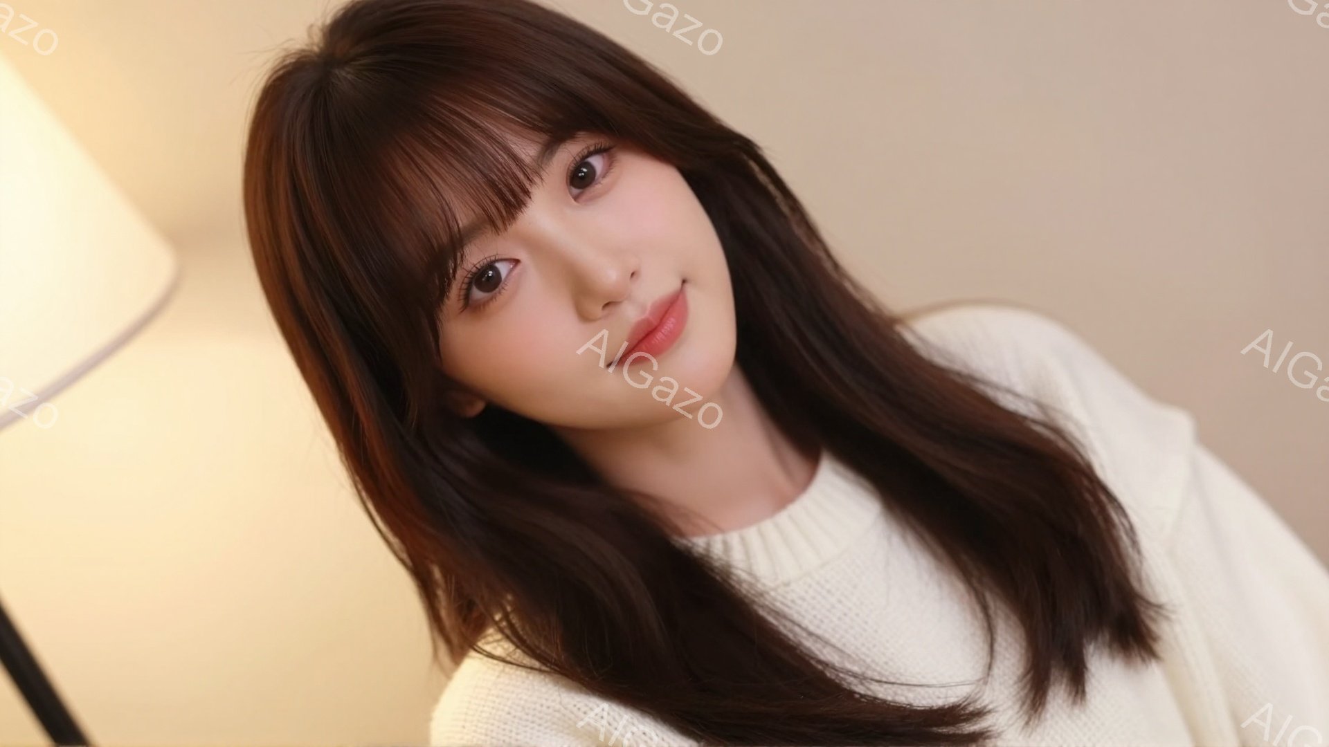 長い茶色の髪をした若い女性が写っている。白いセーターを着ており、わずかに微笑んでいる。背景は淡い色で、左上にランプの一部が見える、暖かく穏やかな雰囲気の写真だ。 - AI生成フリー素材