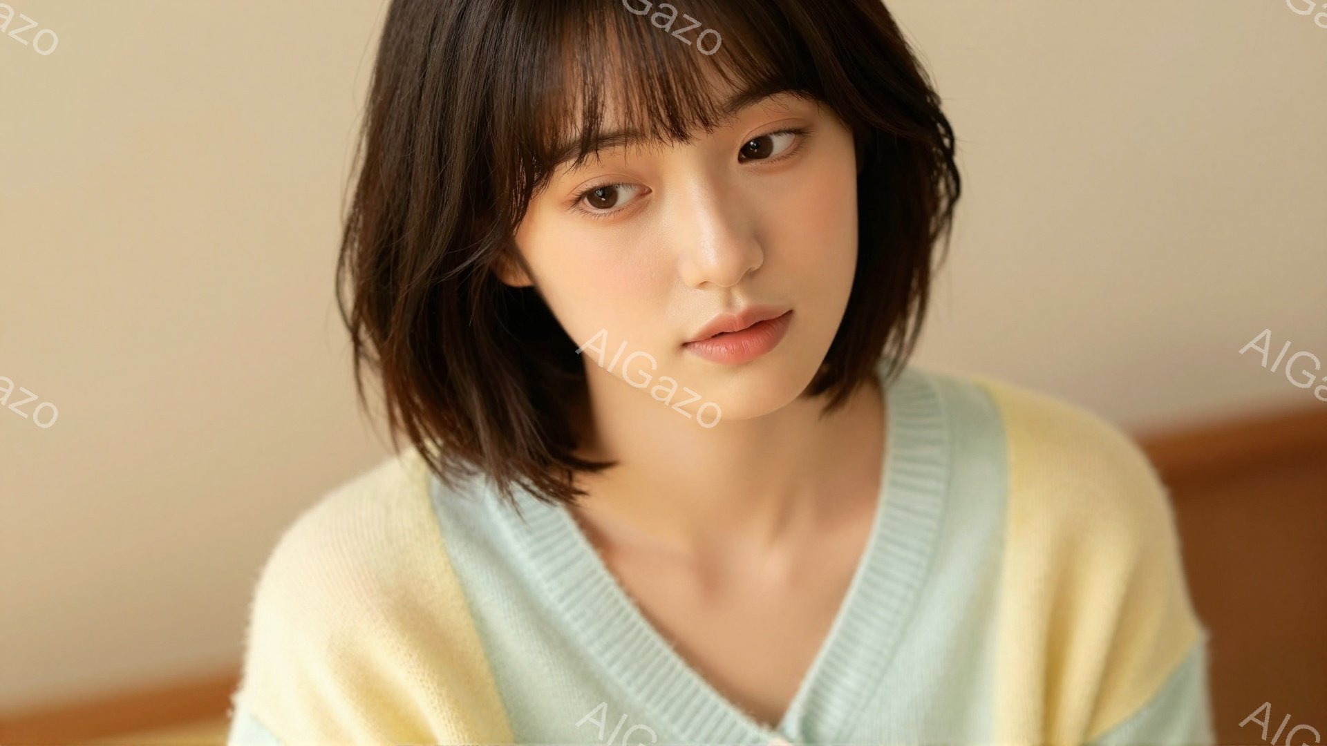 ショートヘアの女性が、パステルカラーのセーターを着用し、穏やかな表情で正面を見つめています。セーターは薄い黄緑と黄色のストライプで、女性の茶色の髪と自然な肌の色合いと調和しています。背景はぼやけており - AI生成フリー素材