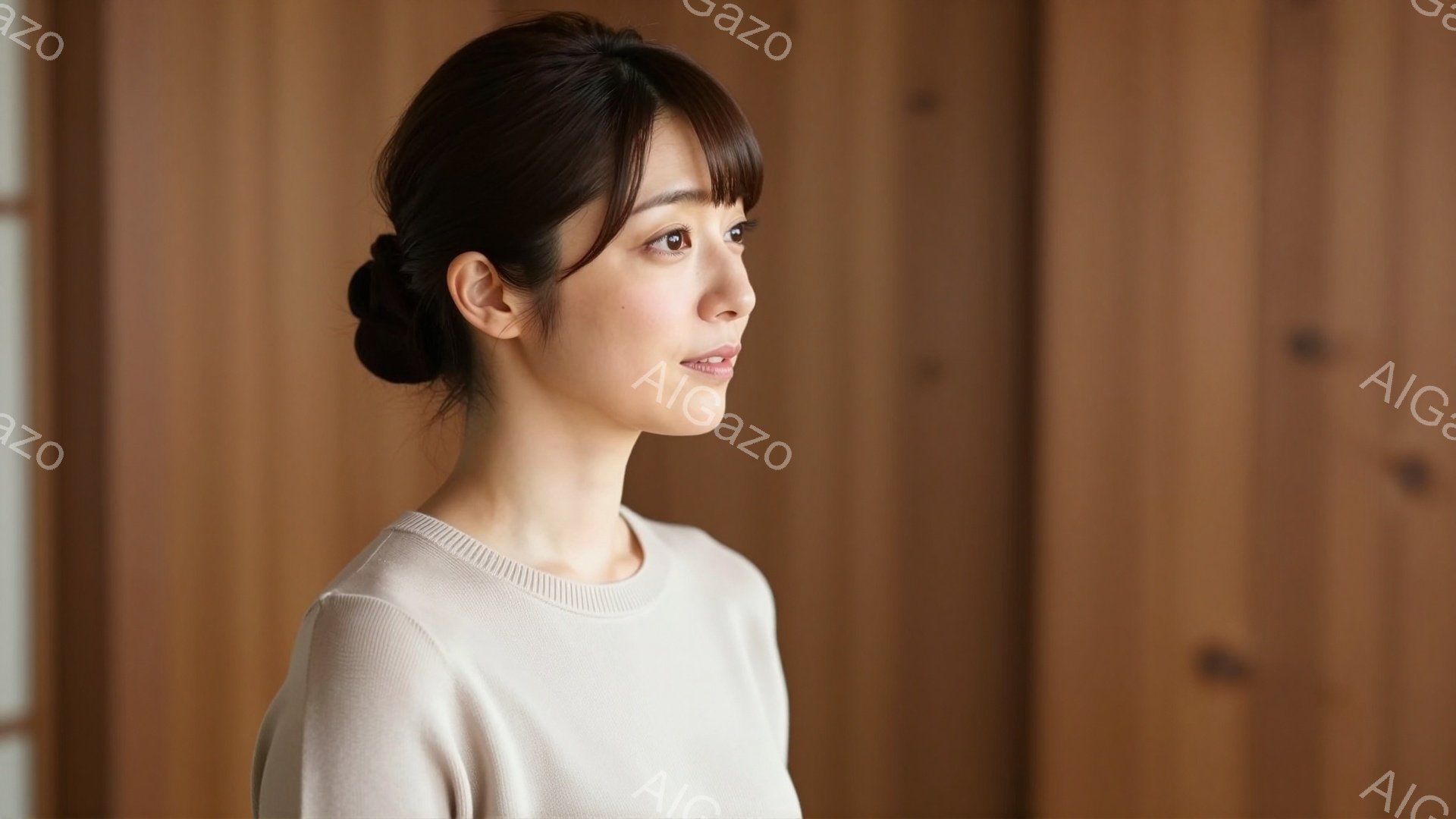 画像は、ベージュ色のセーターを着た女性を捉えています。彼女は髪を後ろでまとめ、横顔で何かを見つめているようです。背景には木製の壁があり、全体的に穏やかで落ち着いた雰囲気が漂っています。 - AI生成フリー素材