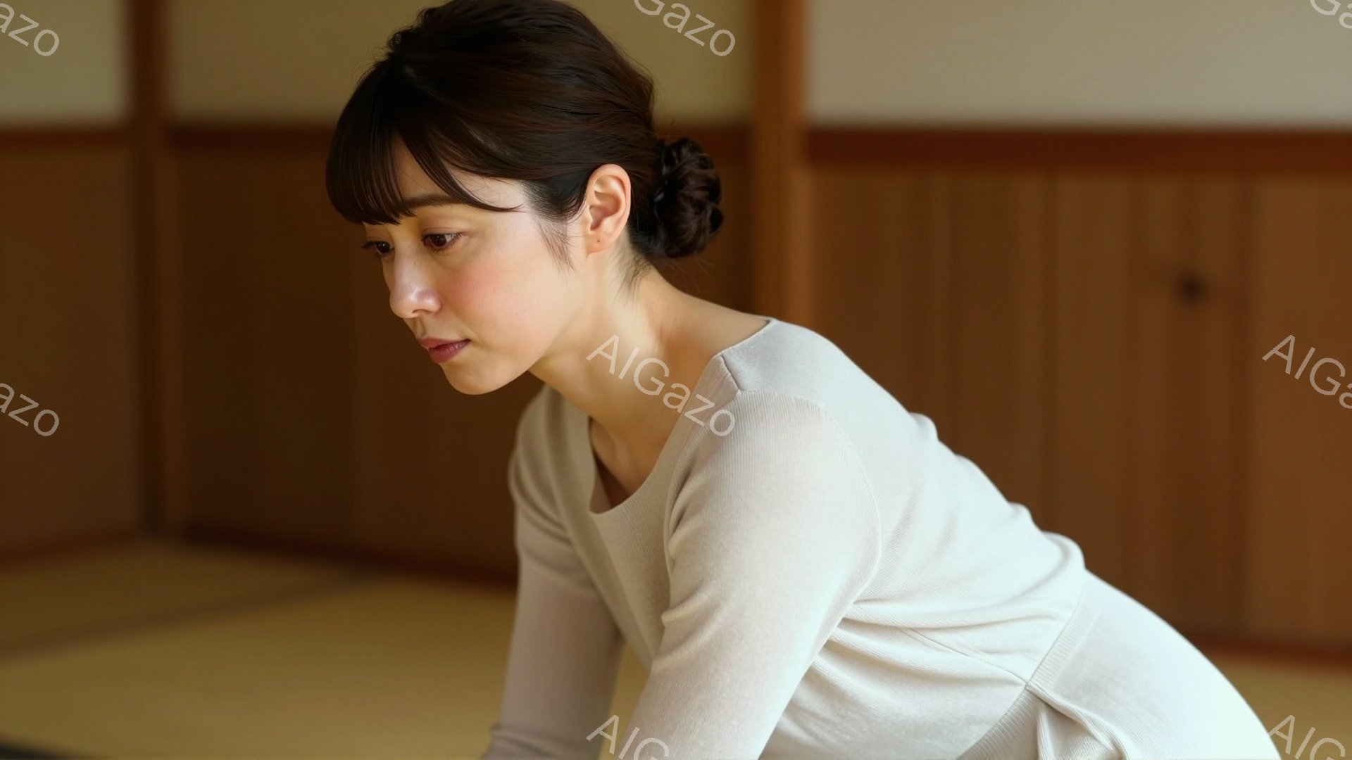 白い長袖のトップスを着た女性が、畳の部屋で横向きに座っています。彼女は髪を後ろでまとめ、少し憂いを帯びた表情で何かを見つめています。背景には木製の壁があり、静かで落ち着いた雰囲気が漂っています。