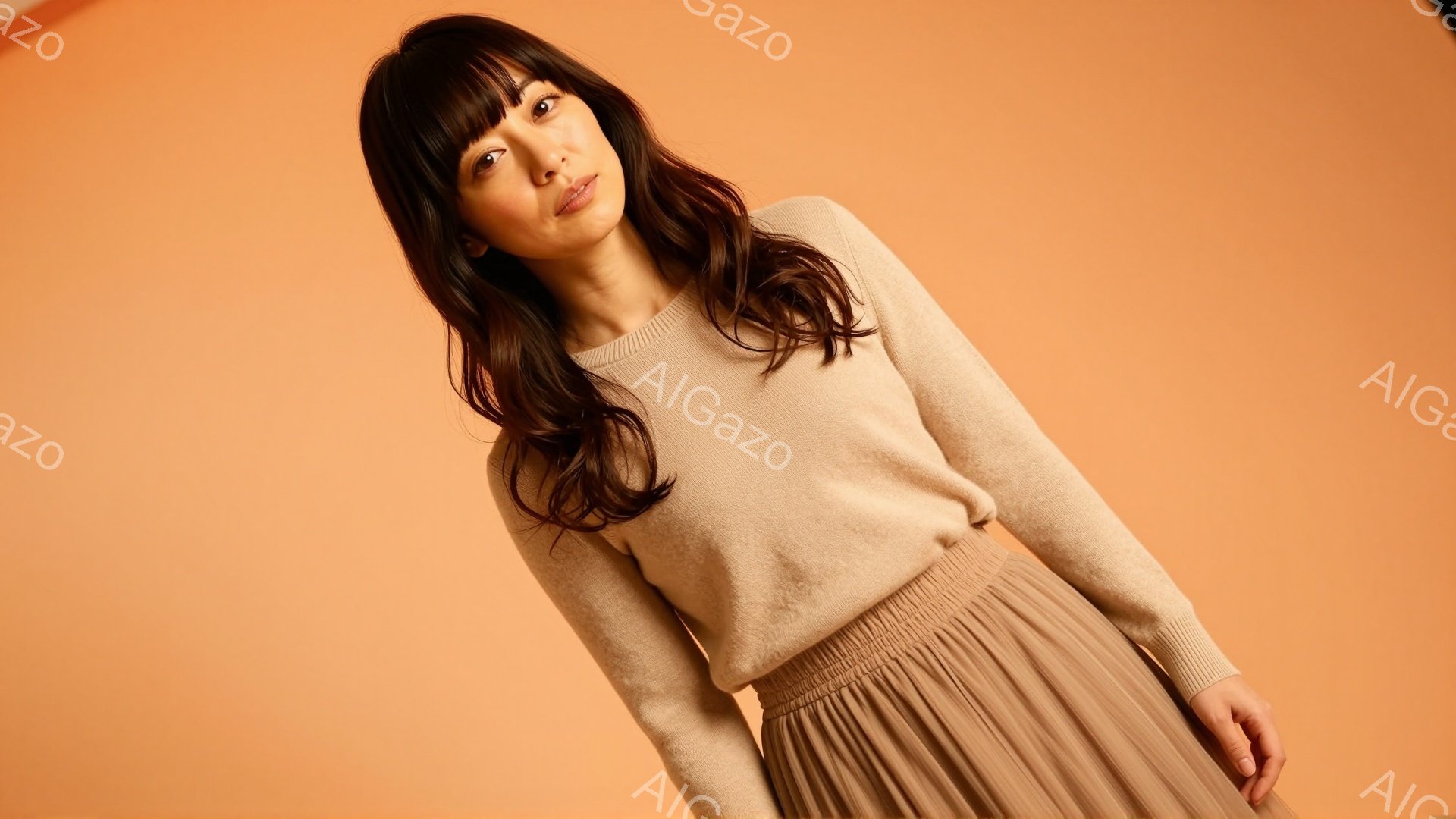 長い茶色の髪を肩にかけた女性が写っています。ベージュのセーターとプリーツスカートを身につけ、少し体を傾けてカメラを見て微笑んでいます。背景はオレンジ色で、全体的に穏やかで上品な雰囲気です。 - AI生成フリー素材