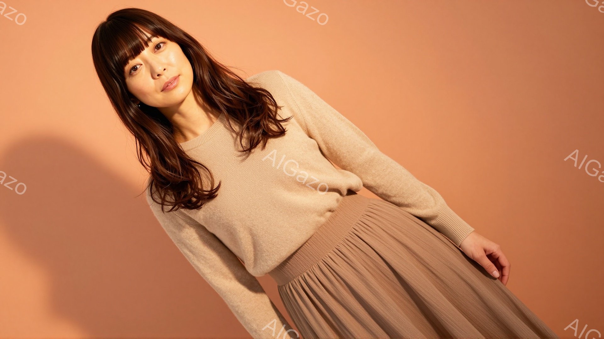 画像には、ベージュのセーターとプリーツスカートを身に着けた女性が写っています。彼女は少し斜めに立ち、顔はカメラに向かってわずかに傾いており、穏やかな表情を浮かべています。背景は均一なベージュ色で、モデ - AI生成フリー素材