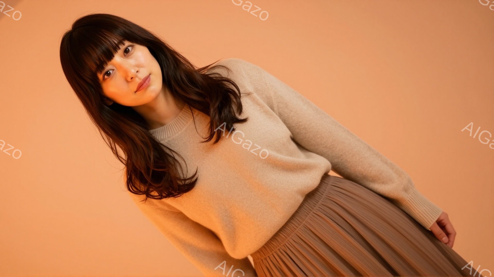 長い茶色の髪を持つ女性が、ベージュ色のセーターとプリーツスカートを身に着けています。彼女はわずかに体を傾け、カメラに向かって微笑んでいます。背景はオレンジ色で、全体的に暖かく、柔らかな雰囲気です。 - AI生成フリー素材