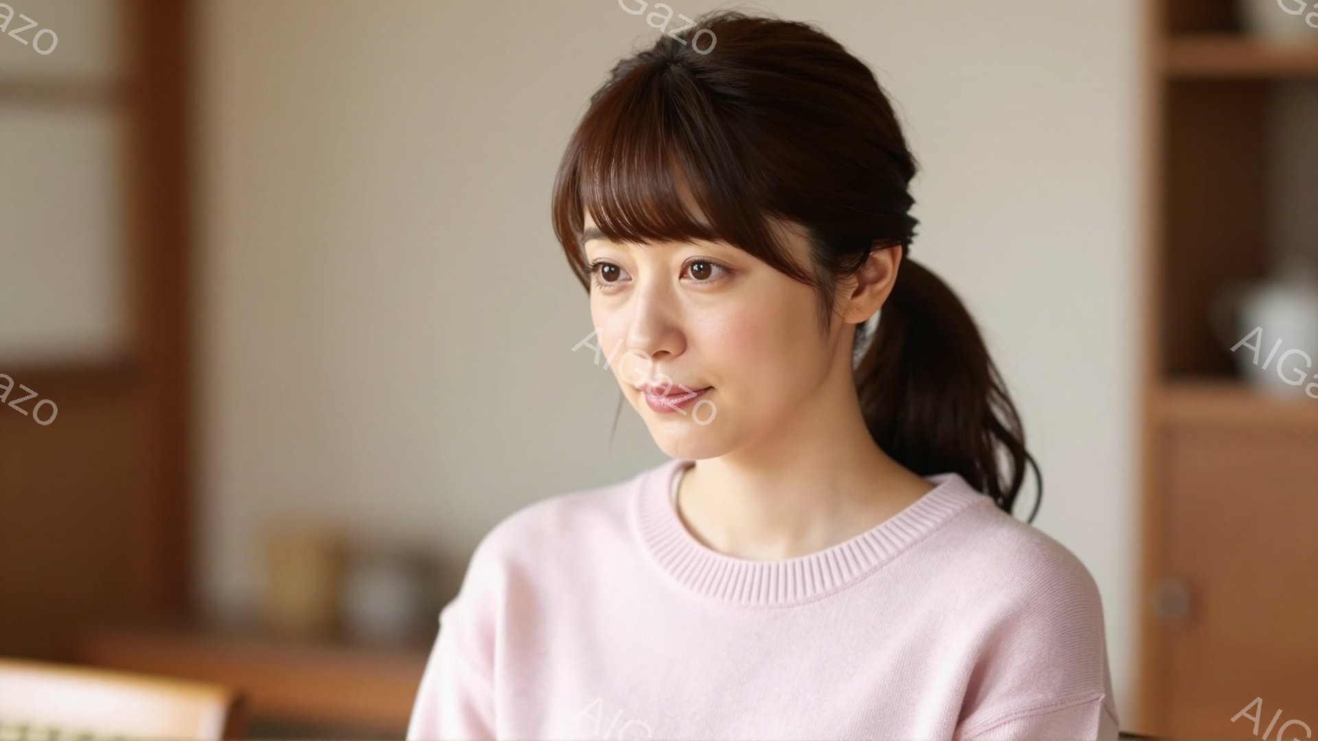 画像には、明るいピンク色のセーターを着た若い女性が写っています。彼女は前髪を下ろしたハーフアップで、穏やかな微笑みを浮かべており、どこかを見つめています。背景には木製の家具が見え、室内であることがわか - AI生成フリー素材