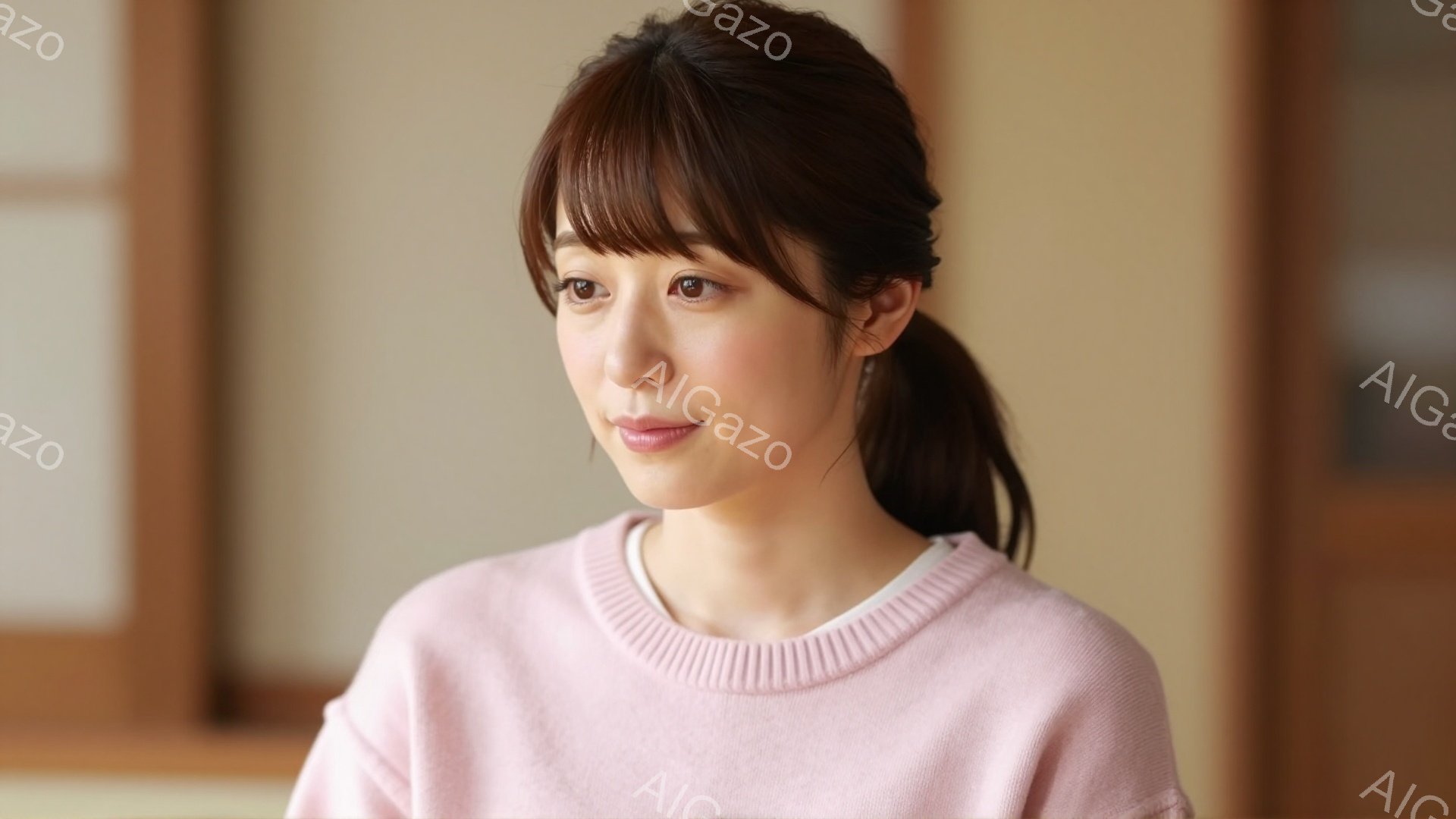 明るいピンク色のセーターを着た若い女性が写っています。彼女は前髪を少し長めにして、ポニーテールにしています。彼女の表情は穏やかで、何かを考えているかのような、優しい印象を与えます。