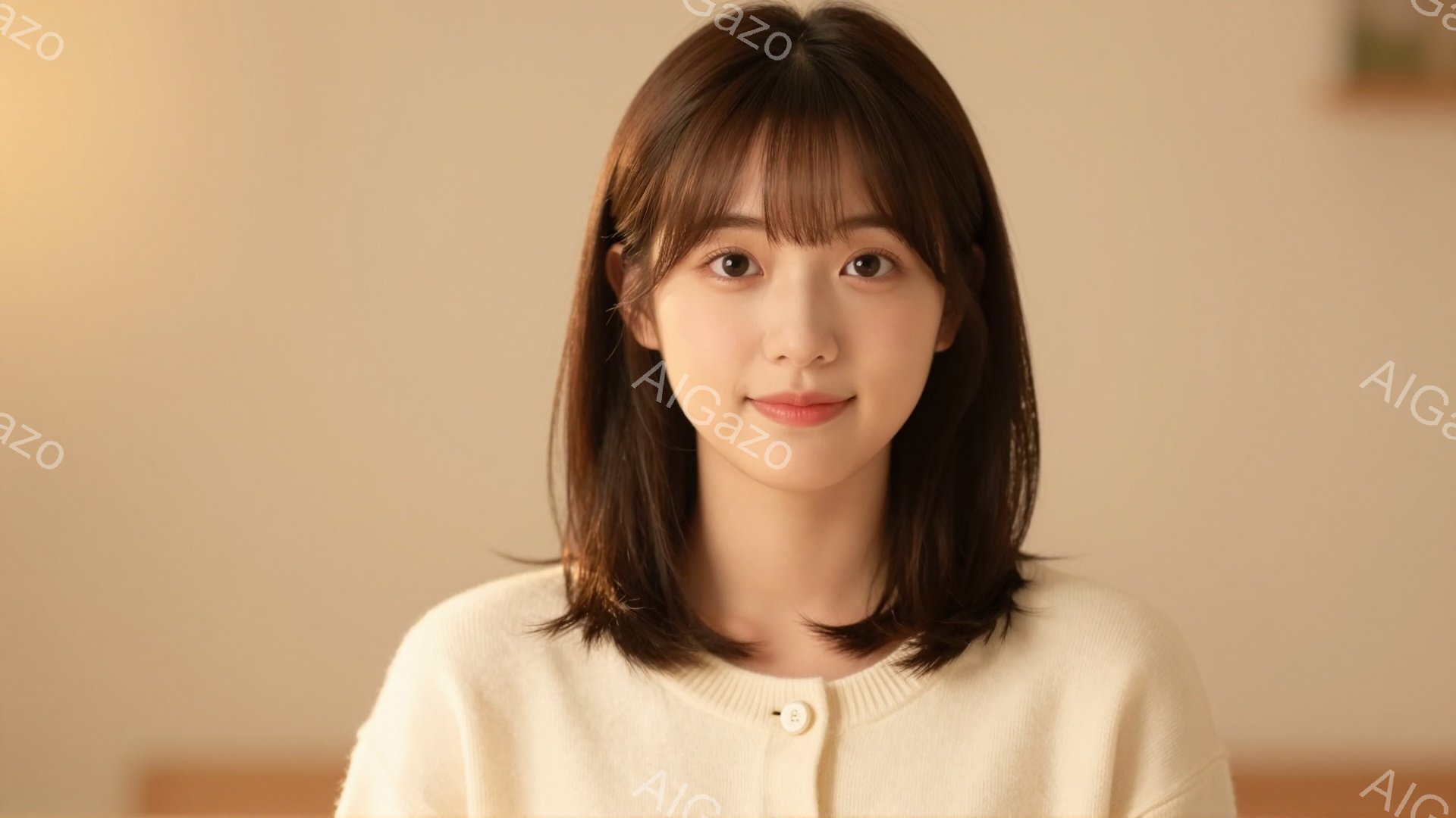 明るい茶髪のショートボブヘアの女性が写っています。オフホワイトのカーディガンを着ており、穏やかで微笑んだ表情をしています。背景は淡いベージュ色で、柔らかく温かい雰囲気を醸し出しています。 - AI生成フリー素材