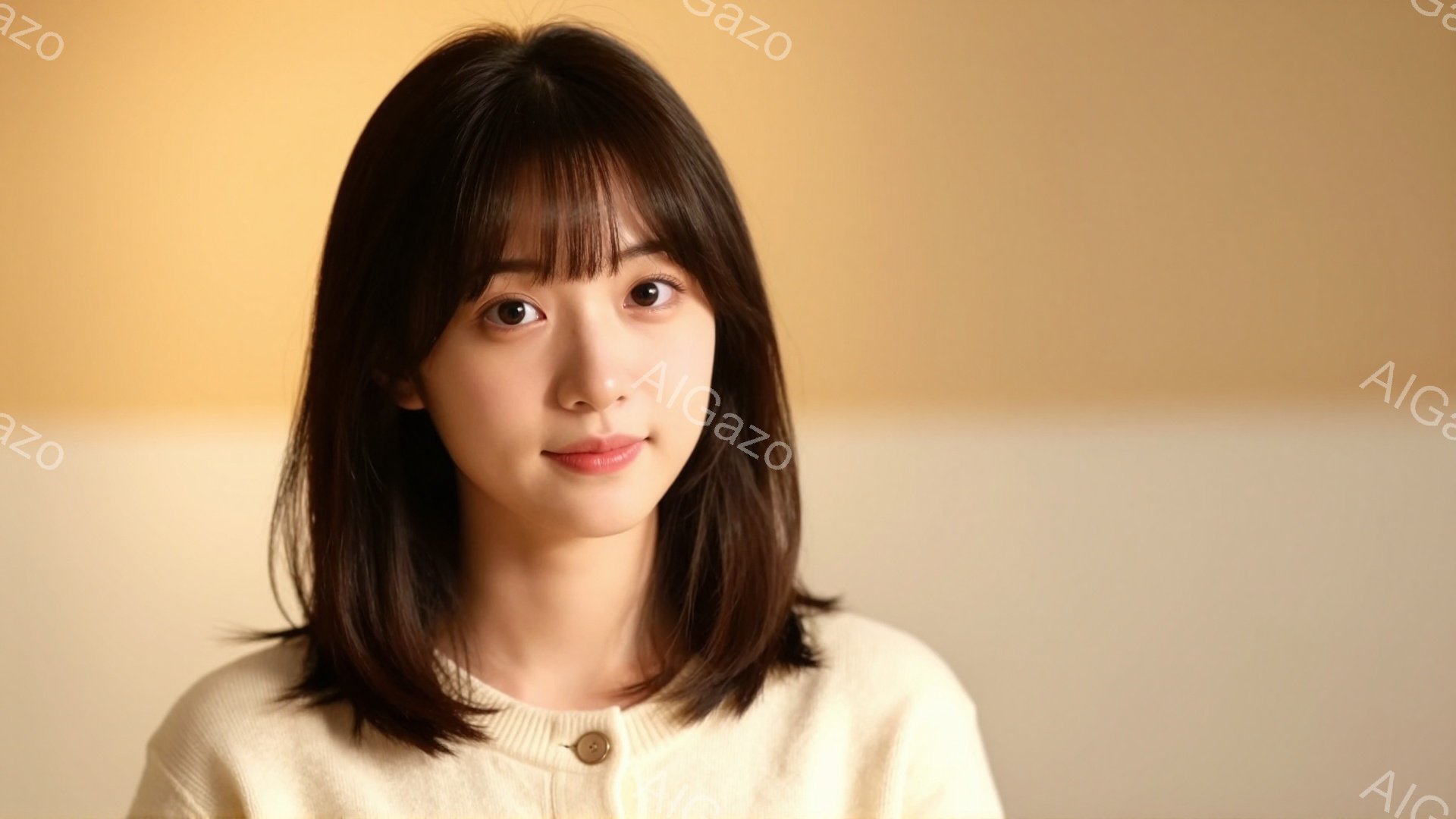 この女性は、明るいベージュのカーディガンを着ており、肩までの長さのダークブラウンの髪をしています。彼女はわずかに微笑んでおり、穏やかで優しい表情をしています。背景は淡いオレンジ色で、人物に焦点が当てられています。