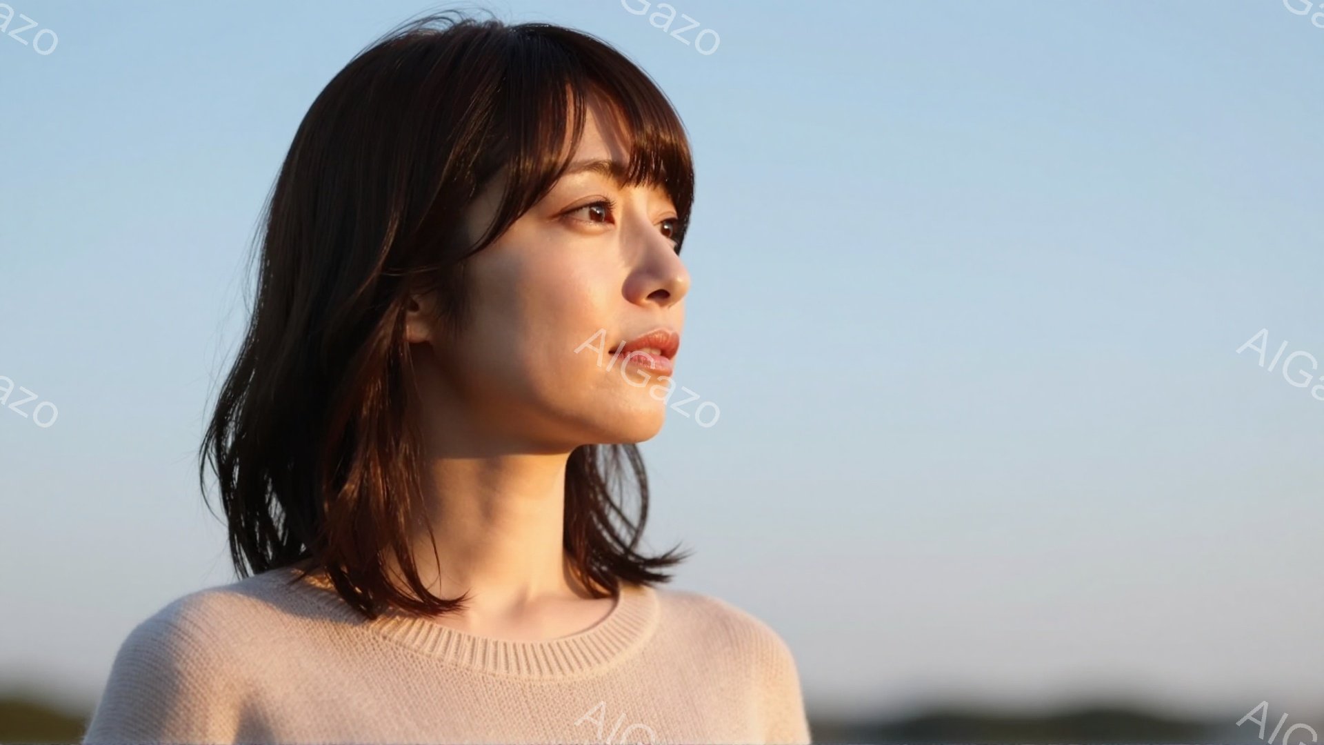 ショートヘアの女性が、薄いピンク色のセーターを着て、横顔をこちらに向けています。彼女の表情は穏やかで、どこか遠くを見つめているようです。背景は空と地平線が広がり、夕暮れ時の柔らかい光に包まれています。 - AI生成フリー素材